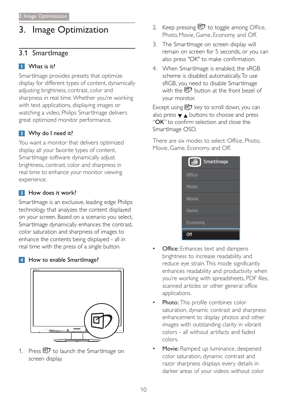 Image optimization, 1 smartimage | Philips 220B4LPCB-27 User Manual | Page 12 / 47