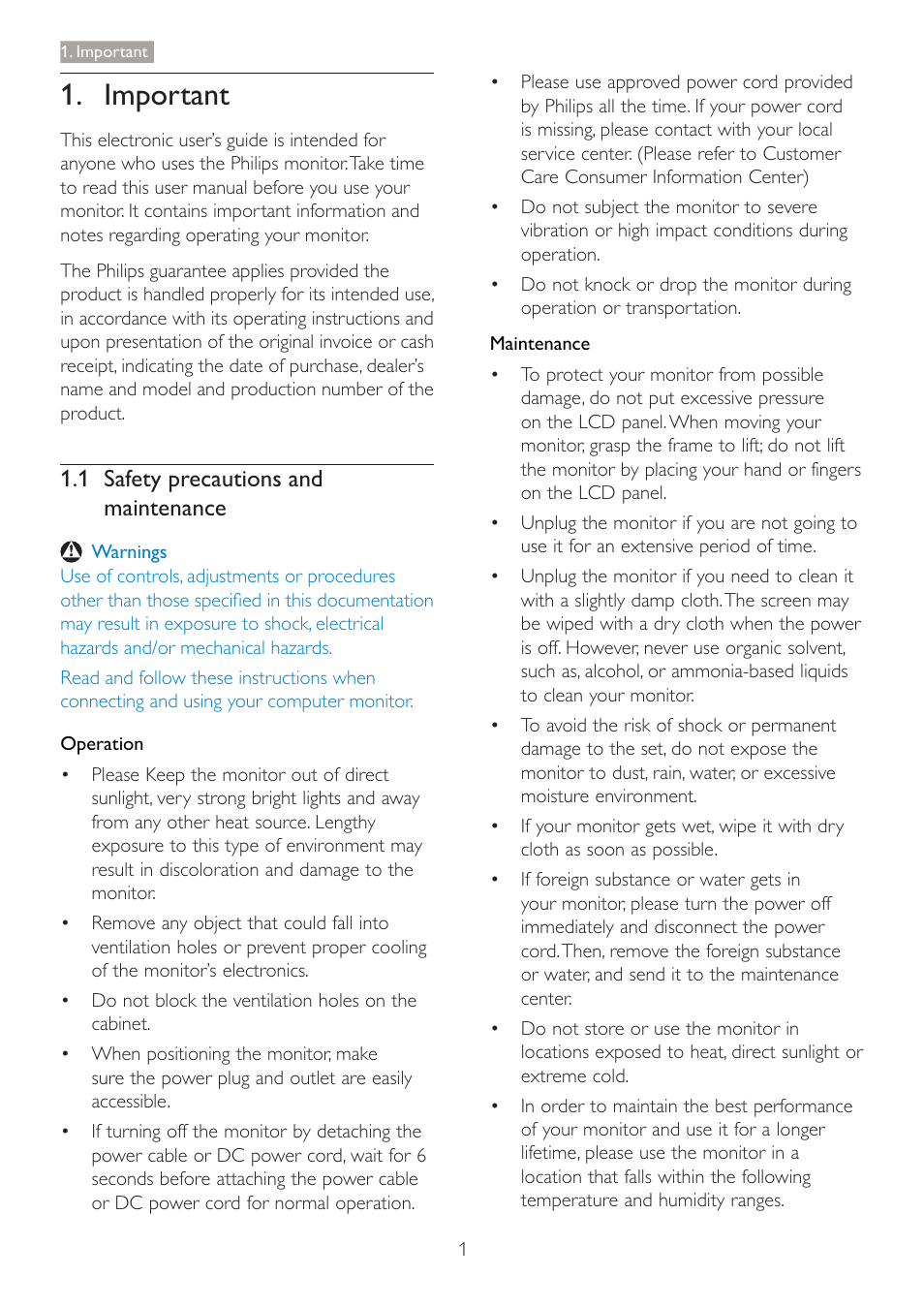 Important, 1 safety precautions and maintenance | Philips 220B4LPCB-27 User Manual | Page 3 / 47