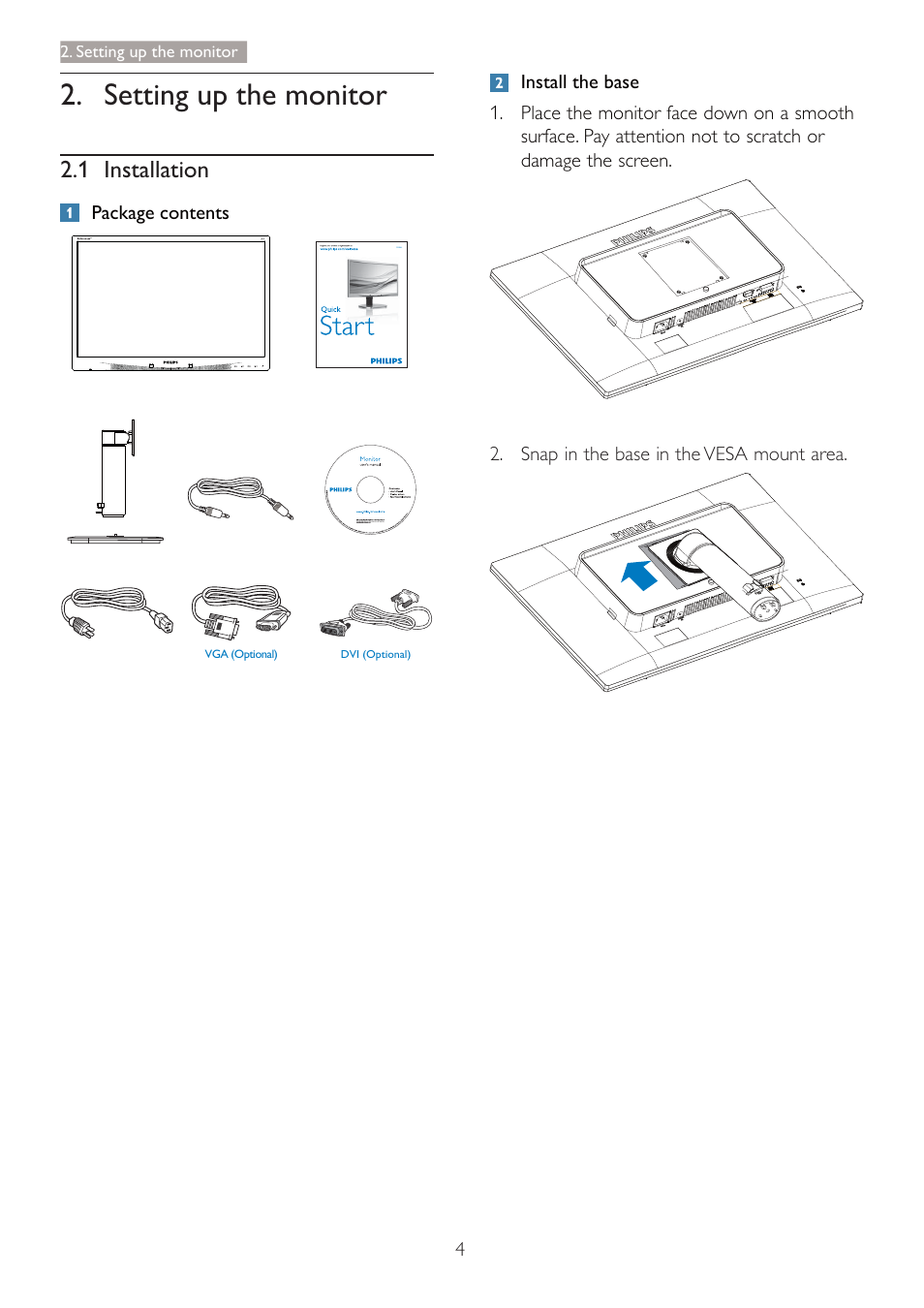 Setting up the monitor, 1 installation | Philips 220B4LPCB-27 User Manual | Page 6 / 47