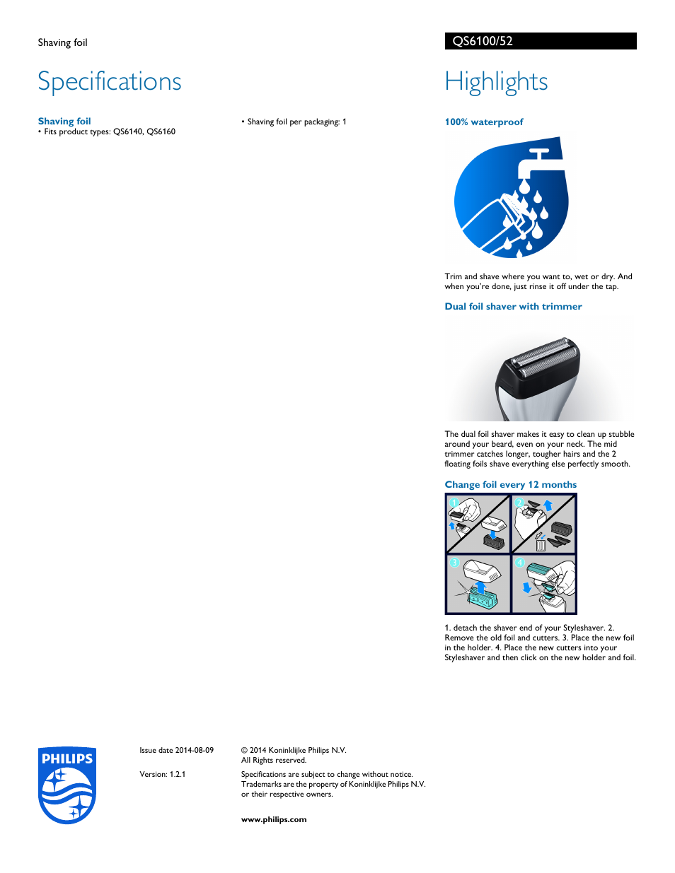 Specifications, Highlights | Philips QS6100-52 User Manual | Page 2 / 2