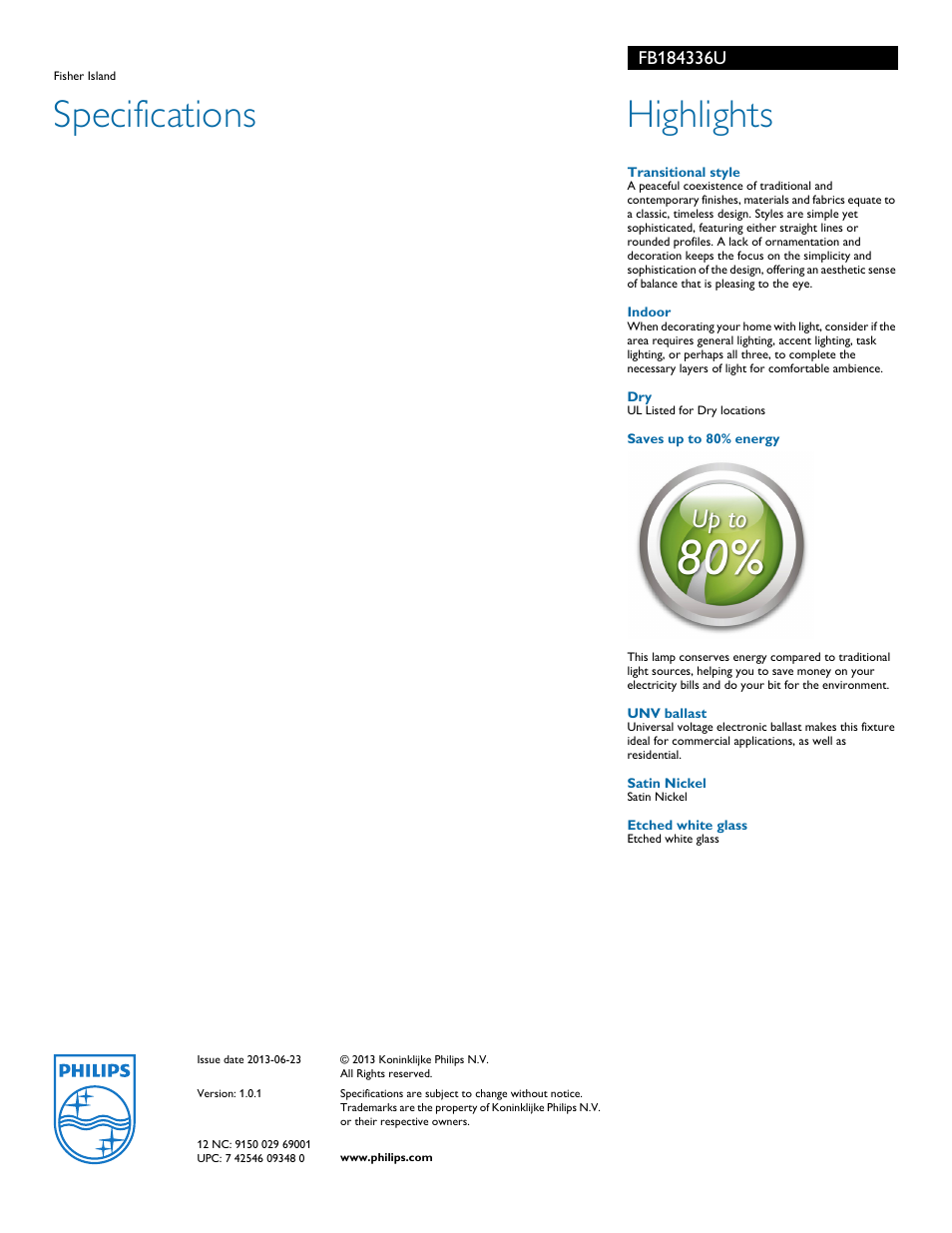 Specifications, Highlights | Philips FB184336U User Manual | Page 2 / 2