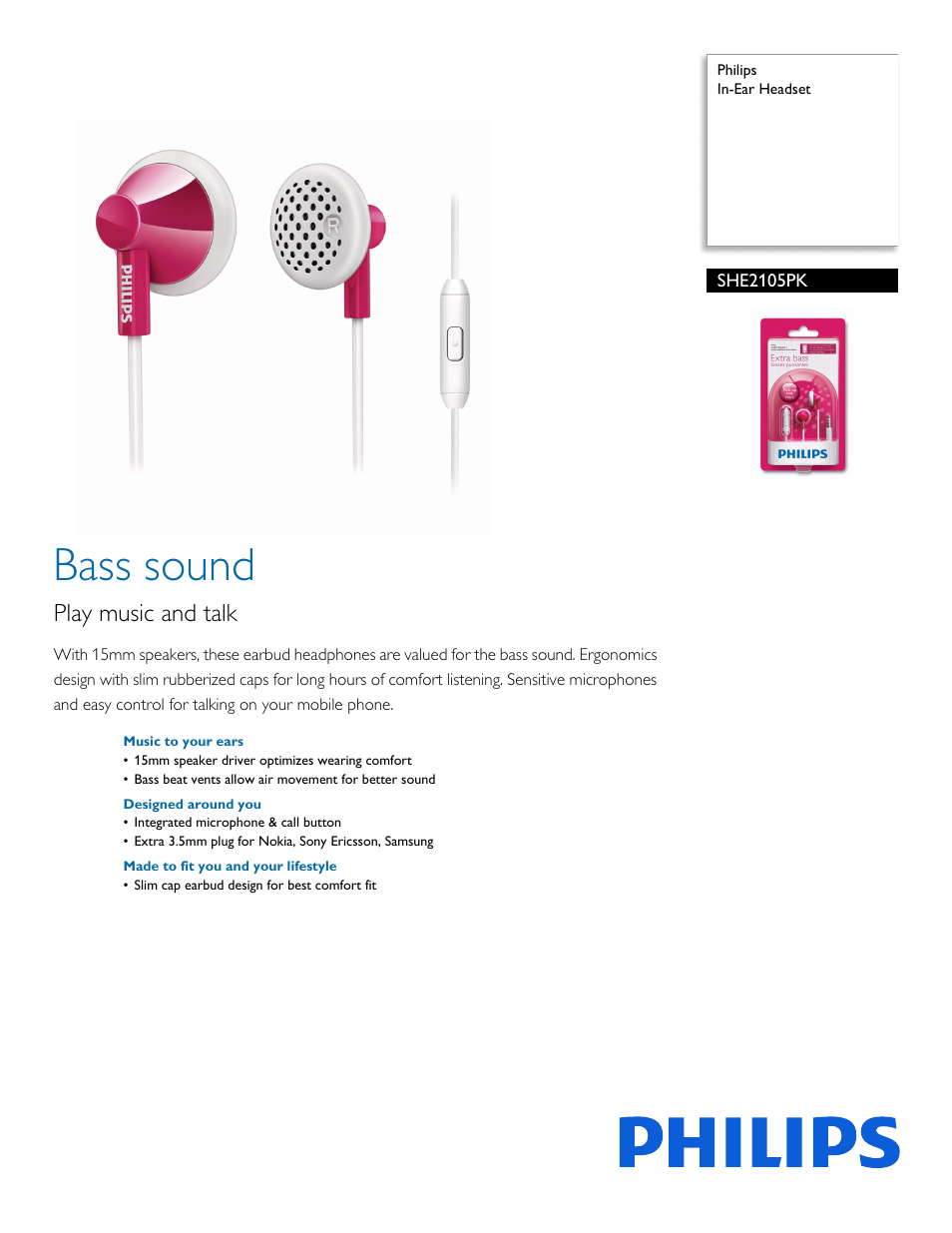 Philips In-Ear Headset SHE2105PK Pink User Manual | 2 pages