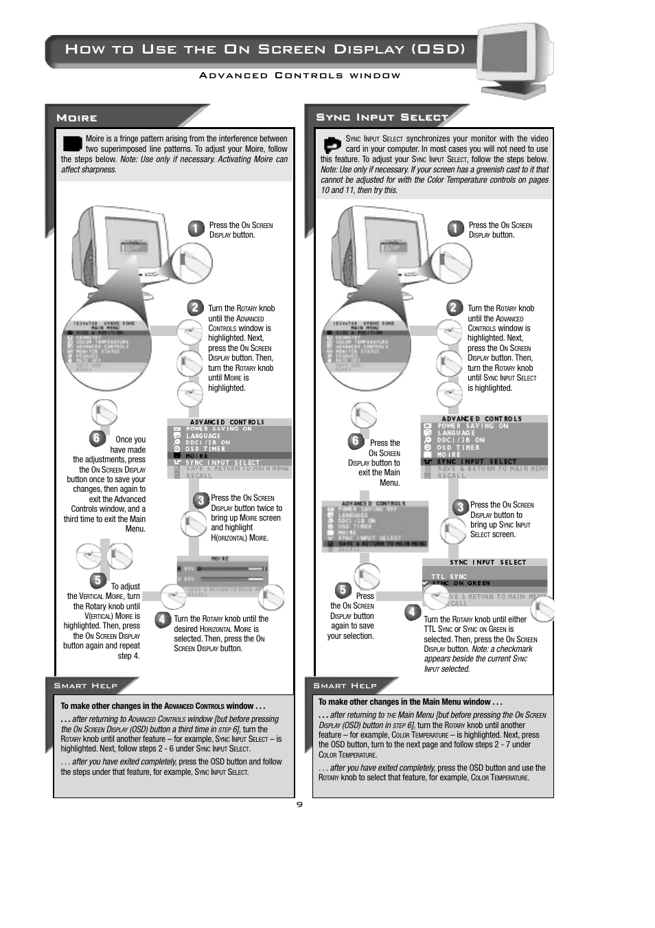 How to use the on screen display (osd), Moire, Sync inp | Sync inp ut select ut select | Philips 15B2322Q User Manual | Page 10 / 20