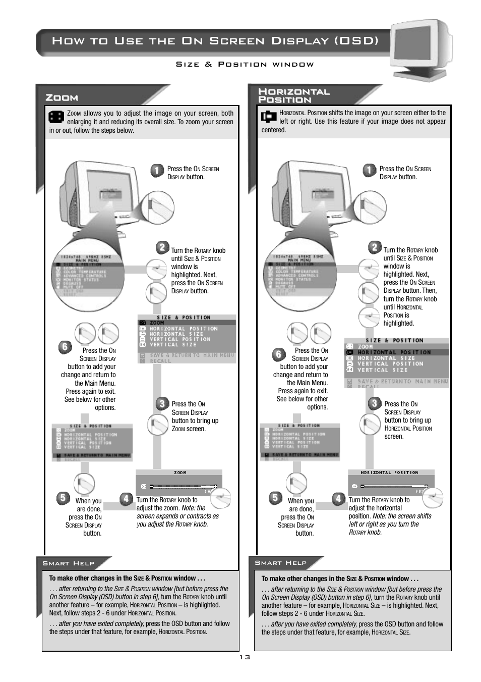 How to use the on screen display (osd), Zoom, Horizont | Horizont al al position position | Philips 15B2322Q User Manual | Page 14 / 20