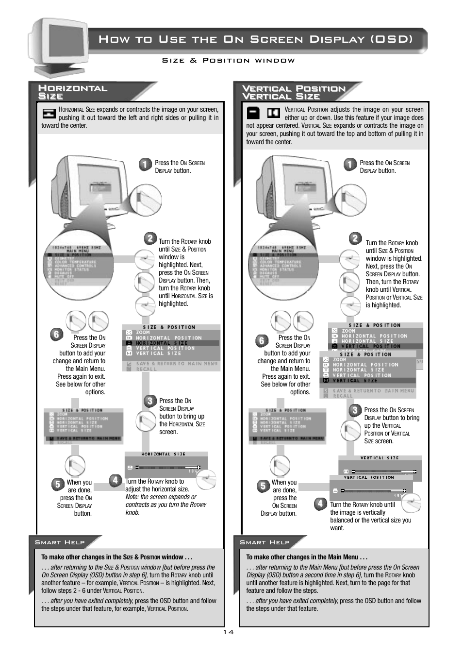 How to use the on screen display (osd), Horizont, Horizont al al size size | Philips 15B2322Q User Manual | Page 15 / 20