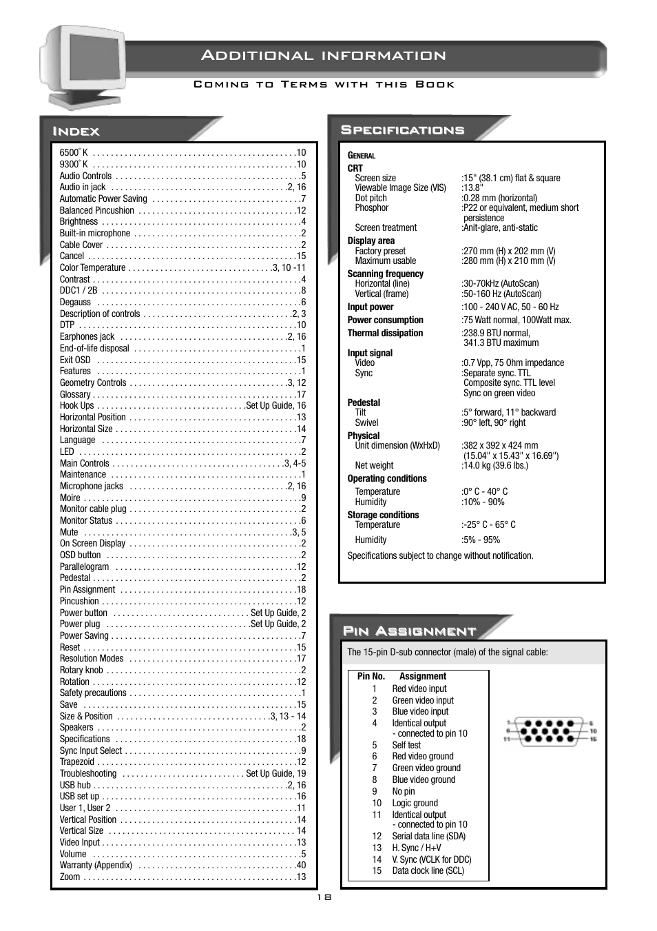 Additional information, Pin as, Pin as signment signment | Specific, Specific a a tions tions, Index | Philips 15B2322Q User Manual | Page 19 / 20