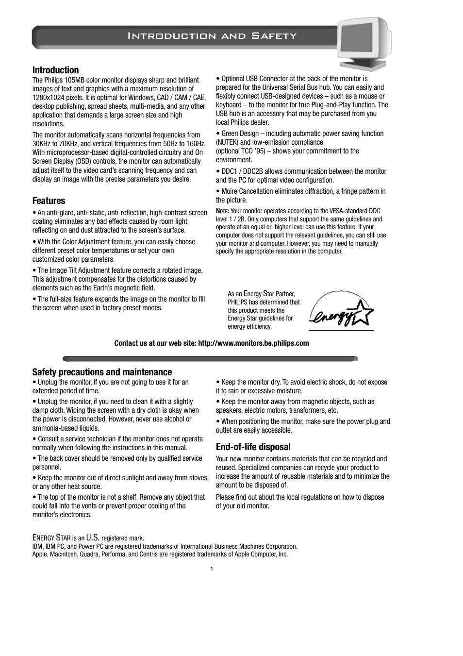 Introduction and safety, Safety precautions and maintenance, End-of-life disposal | Introduction, Features | Philips 15B2322Q User Manual | Page 2 / 20