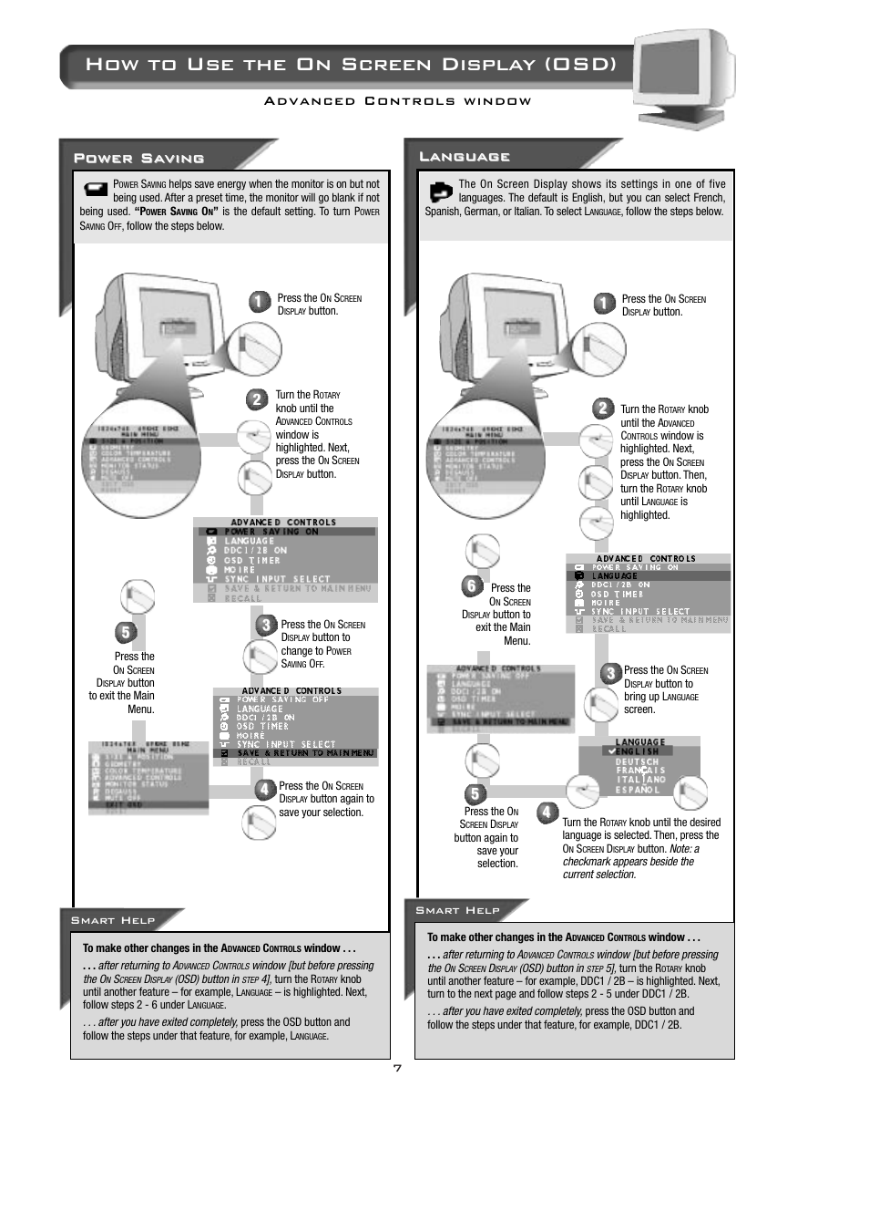 How to use the on screen display (osd), Power sa, Power sa ving ving | Langu angu age age | Philips 15B2322Q User Manual | Page 8 / 20