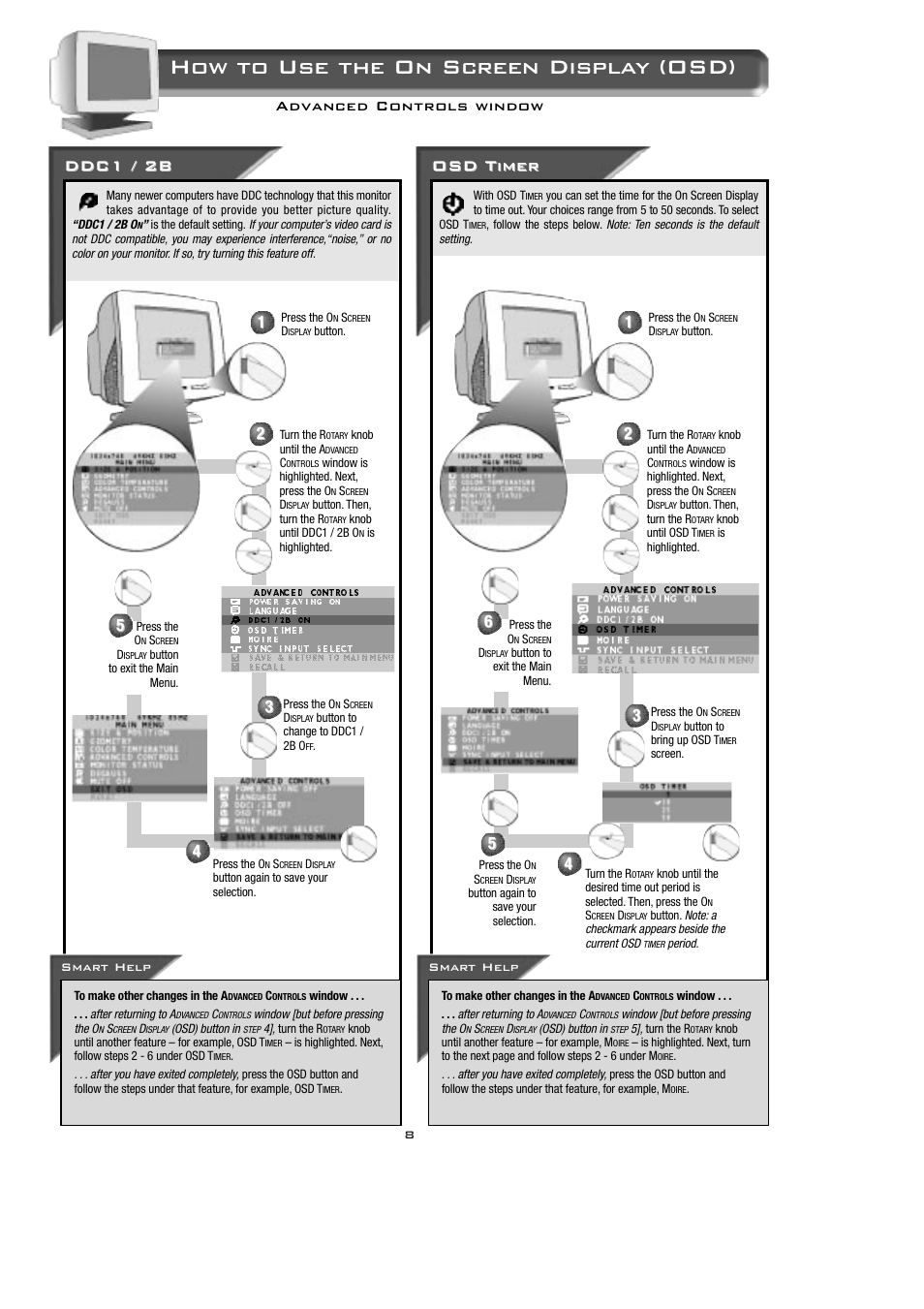 How to use the on screen display (osd), Ddc1 / 2b, Osd timer | Advanced controls window | Philips 15B2322Q User Manual | Page 9 / 20