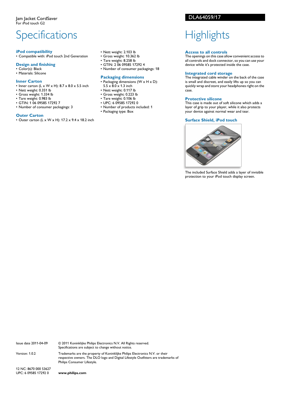 Specifications, Highlights | Philips DLA64059-17 User Manual | Page 2 / 2