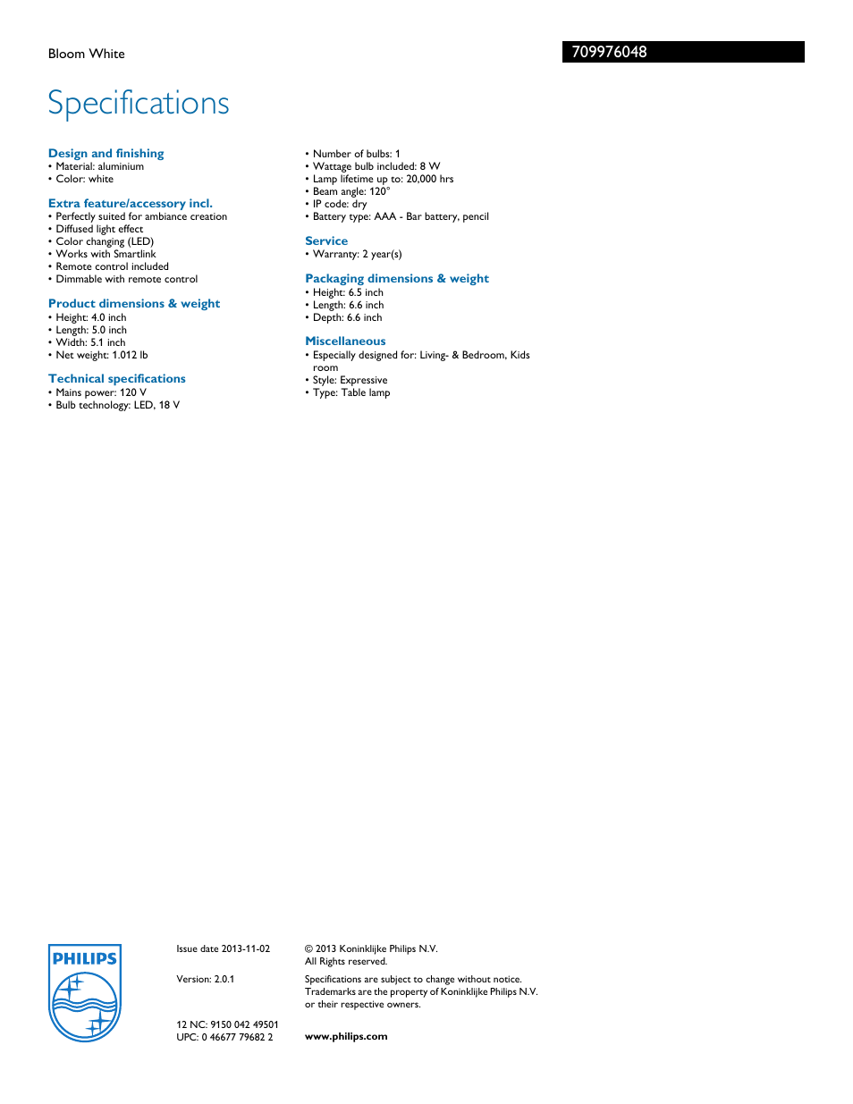 Specifications | Philips LivingColors Bloom White 70997-60-48 User Manual | Page 3 / 3