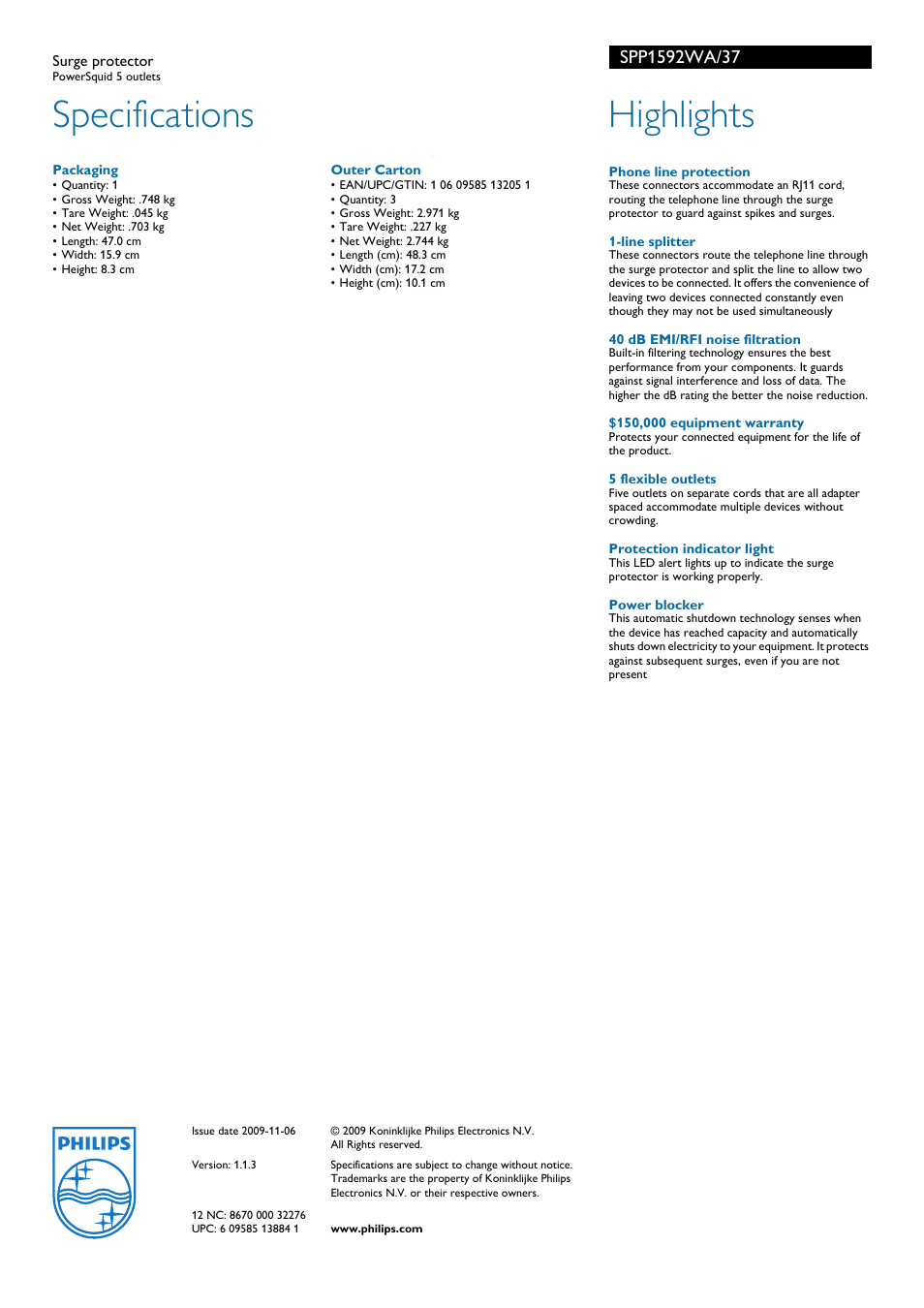 Specifications, Highlights | Philips SPP1592WA-37 User Manual | Page 2 / 2