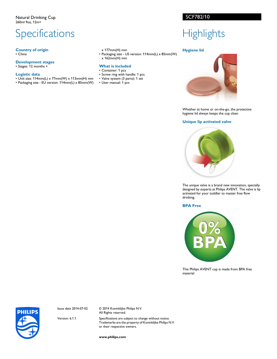 Specifications, Highlights | Philips SCF782-10 User Manual | Page 2 / 2