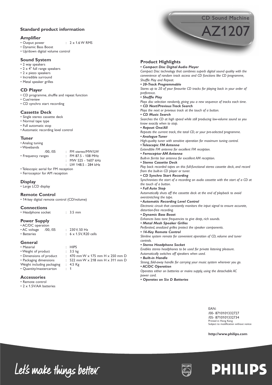 Az1207, Cd sound machine | Philips AZ1207-17 User Manual | Page 2 / 2