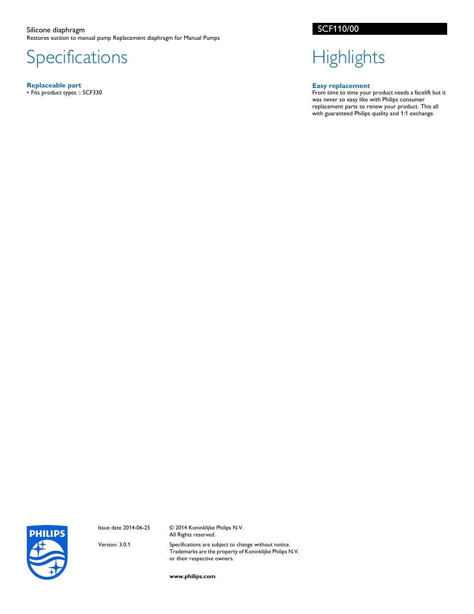 Specifications, Highlights | Philips SCF110-00 User Manual | Page 2 / 2