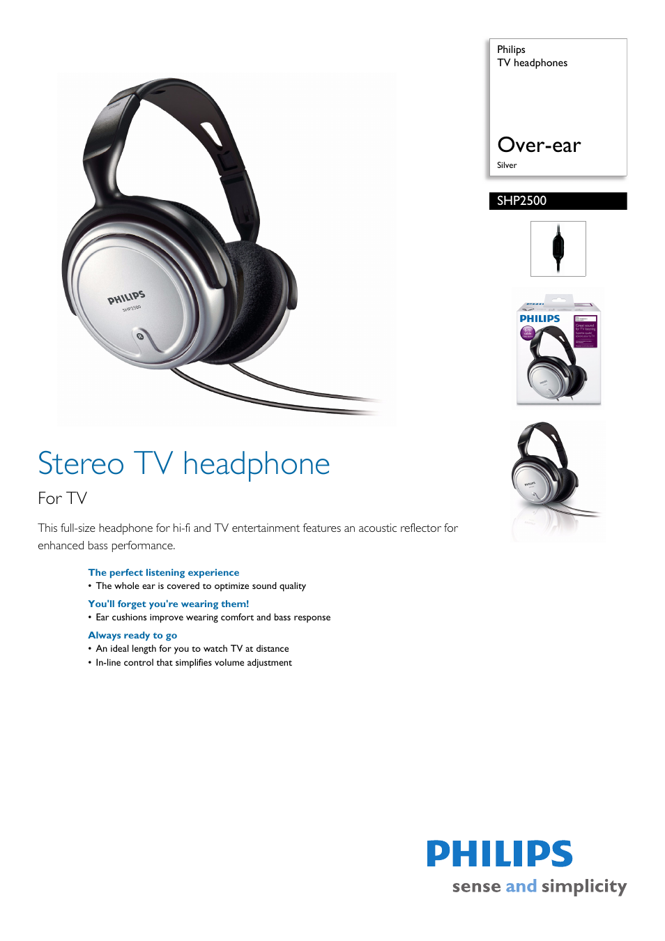 Philips TV headphones SHP2500 Over-ear Silver User Manual | 2 pages