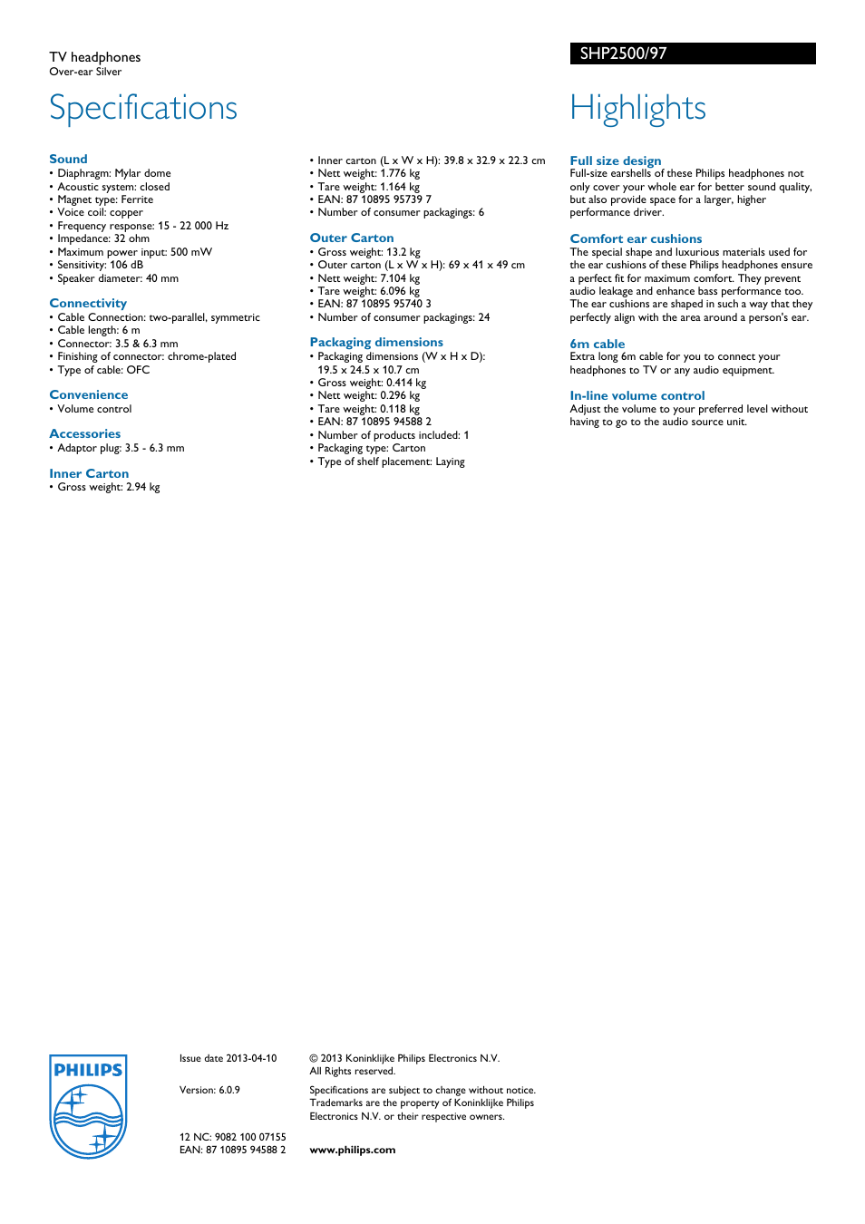 Specifications, Highlights | Philips TV headphones SHP2500 Over-ear Silver User Manual | Page 2 / 2