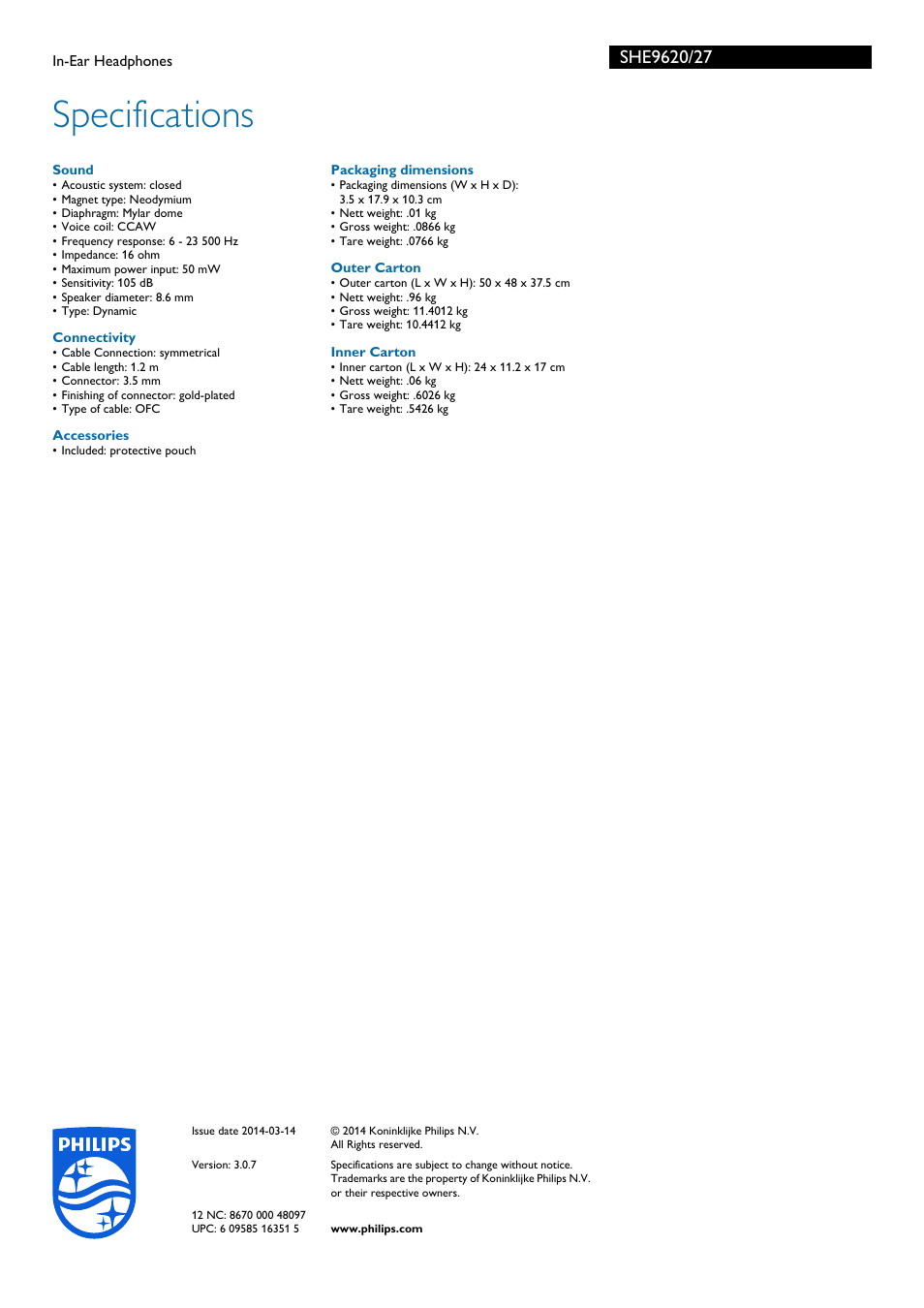 Specifications | Philips SHE9620-27 User Manual | Page 2 / 2