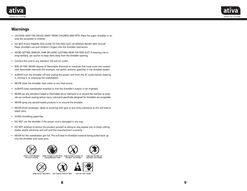 Warnings | Ativa CS2171 User Manual | Page 5 / 5