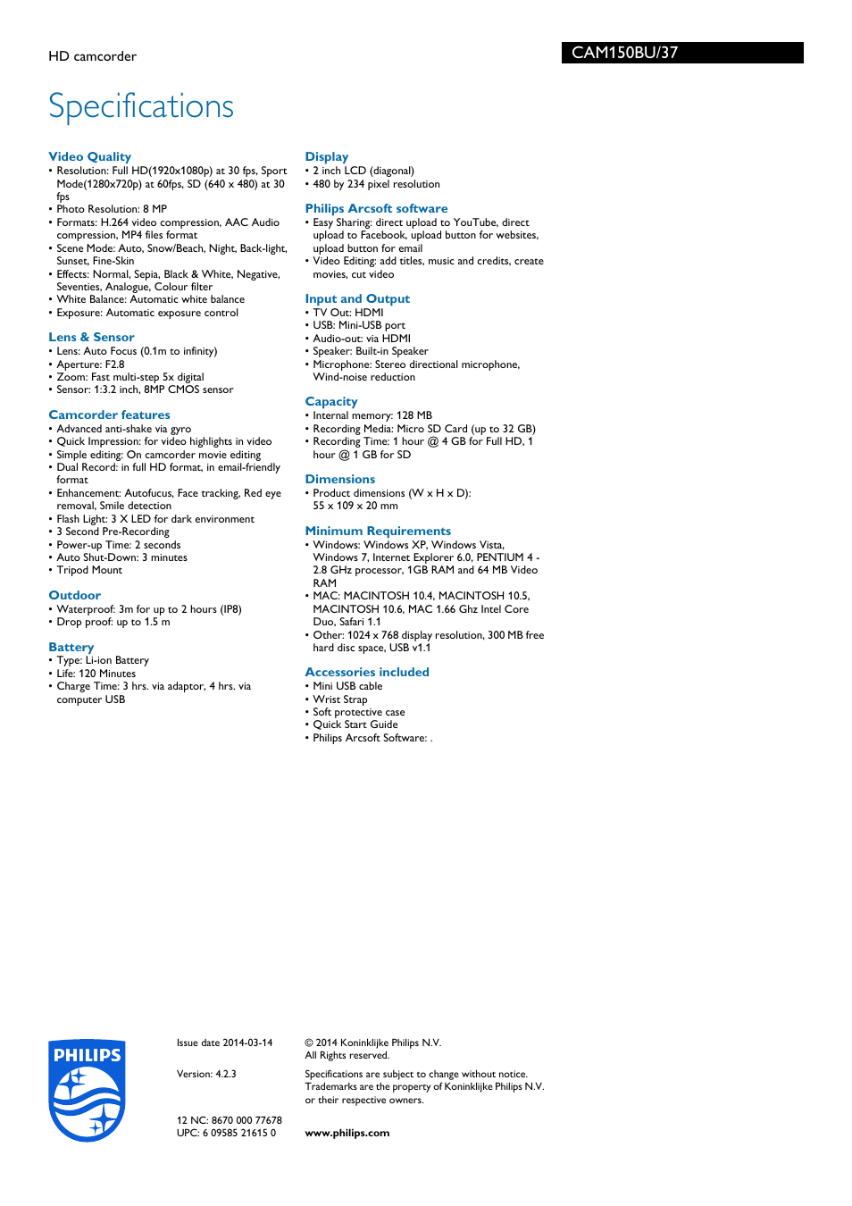 Specifications | Philips HD camcorder CAM150BU User Manual | Page 3 / 3