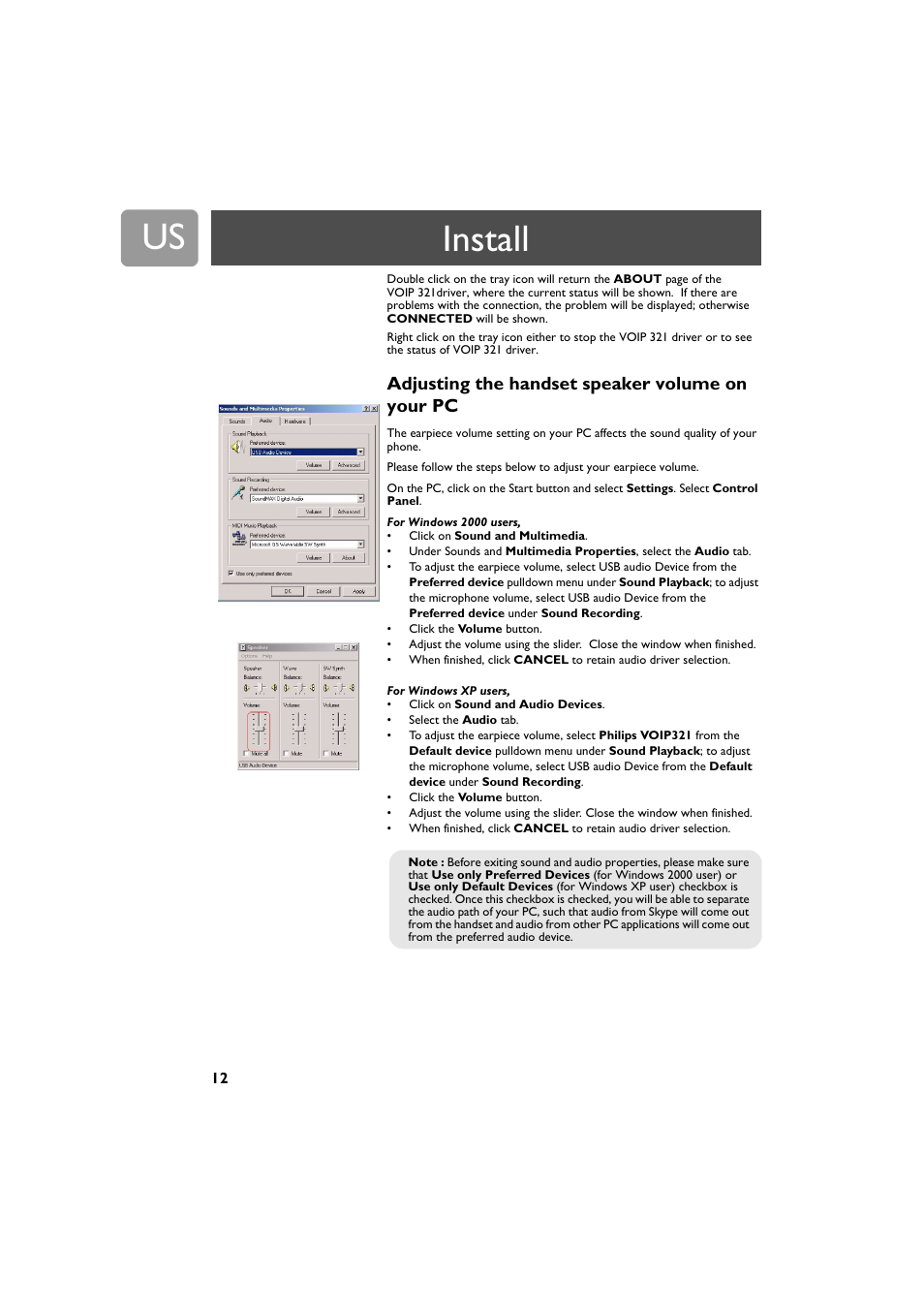 Adjusting the handset speaker volume on your pc, Install | Philips VOIP3212G-37 User Manual | Page 12 / 50