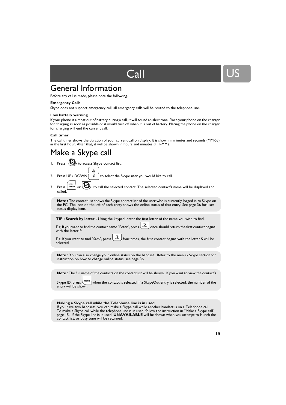 Call, General information, Make a skype call | Philips VOIP3212G-37 User Manual | Page 15 / 50