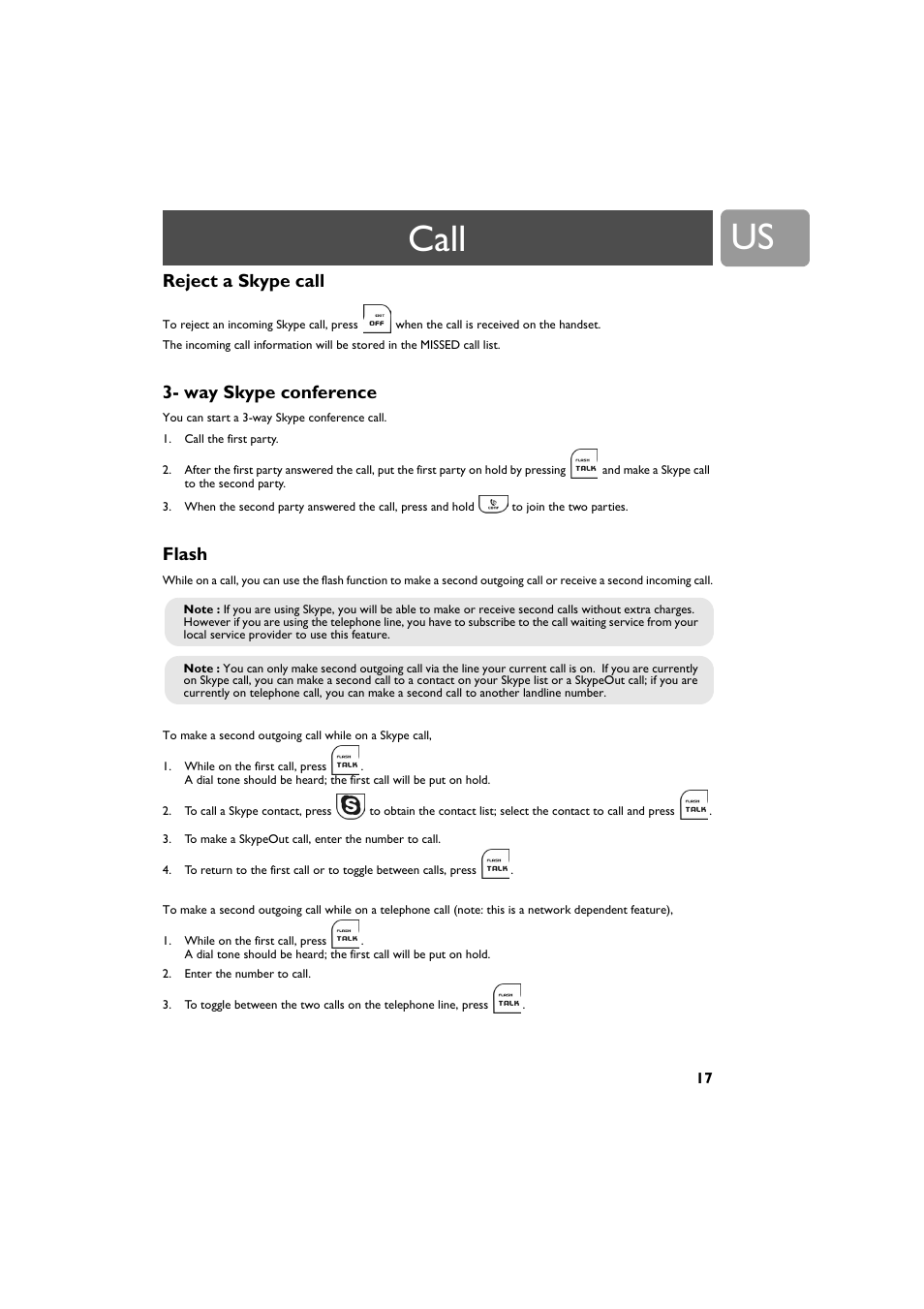 Reject a skype call, Way skype conference, Flash | Call | Philips VOIP3212G-37 User Manual | Page 17 / 50