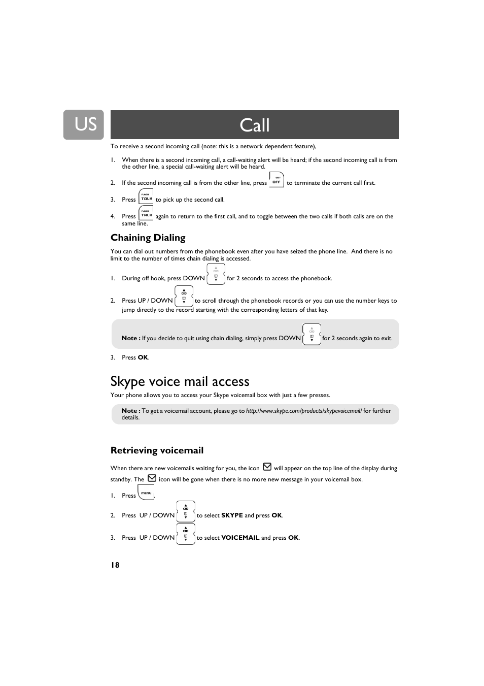 Chaining dialing, Skype voice mail access, Retrieving voicemail | Call | Philips VOIP3212G-37 User Manual | Page 18 / 50