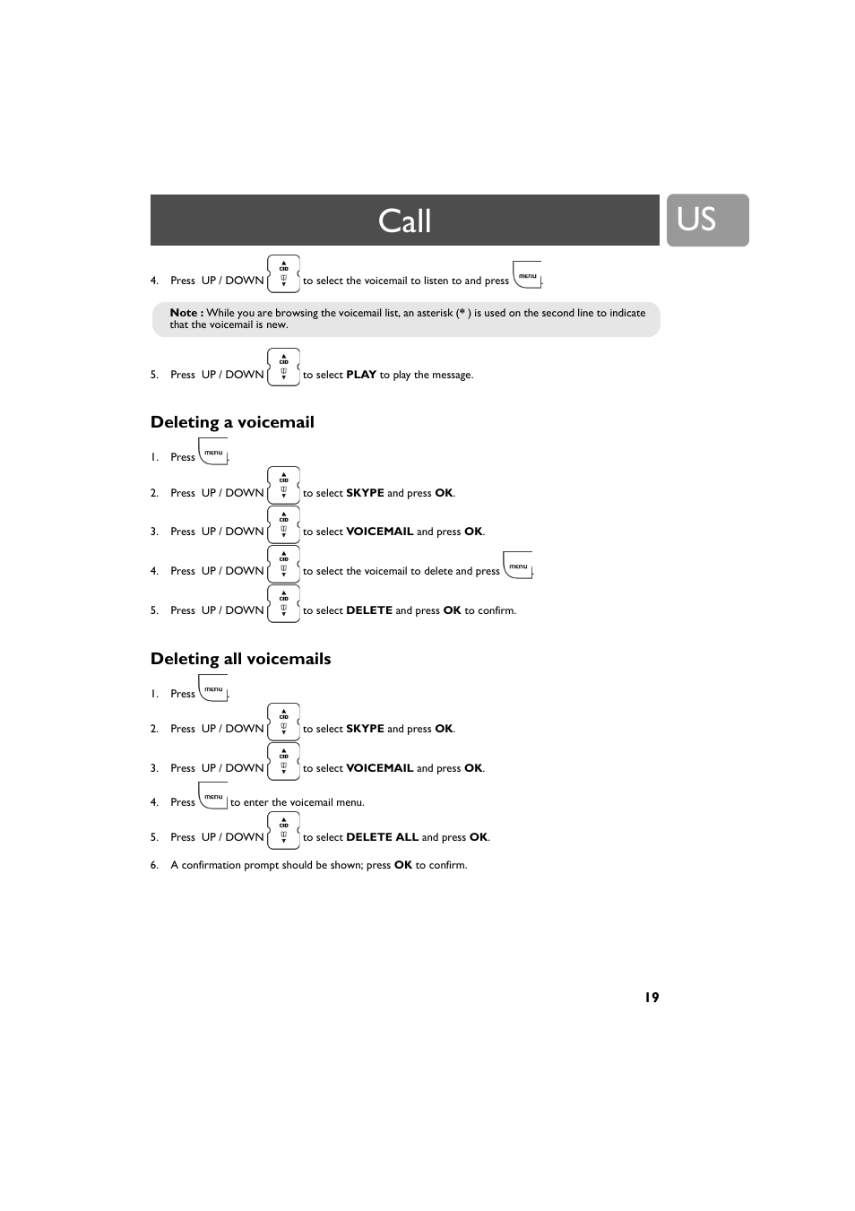 Deleting a voicemail, Deleting all voicemails, Call | Philips VOIP3212G-37 User Manual | Page 19 / 50