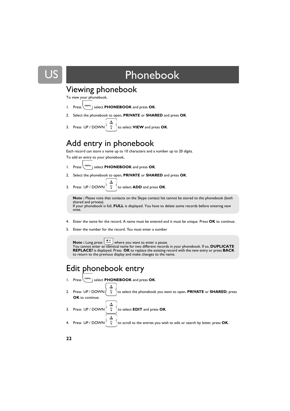 Phonebook, Viewing phonebook, Add entry in phonebook | Edit phonebook entry | Philips VOIP3212G-37 User Manual | Page 22 / 50