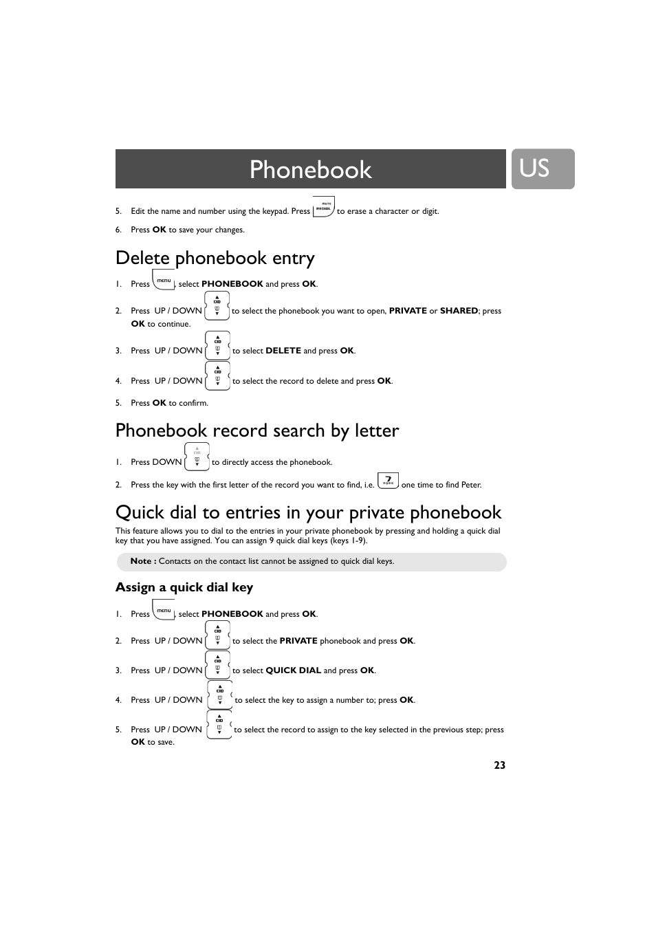 Delete phonebook entry, Phonebook record search by letter, Quick dial to entries in your private phonebook | Assign a quick dial key, Phonebook | Philips VOIP3212G-37 User Manual | Page 23 / 50