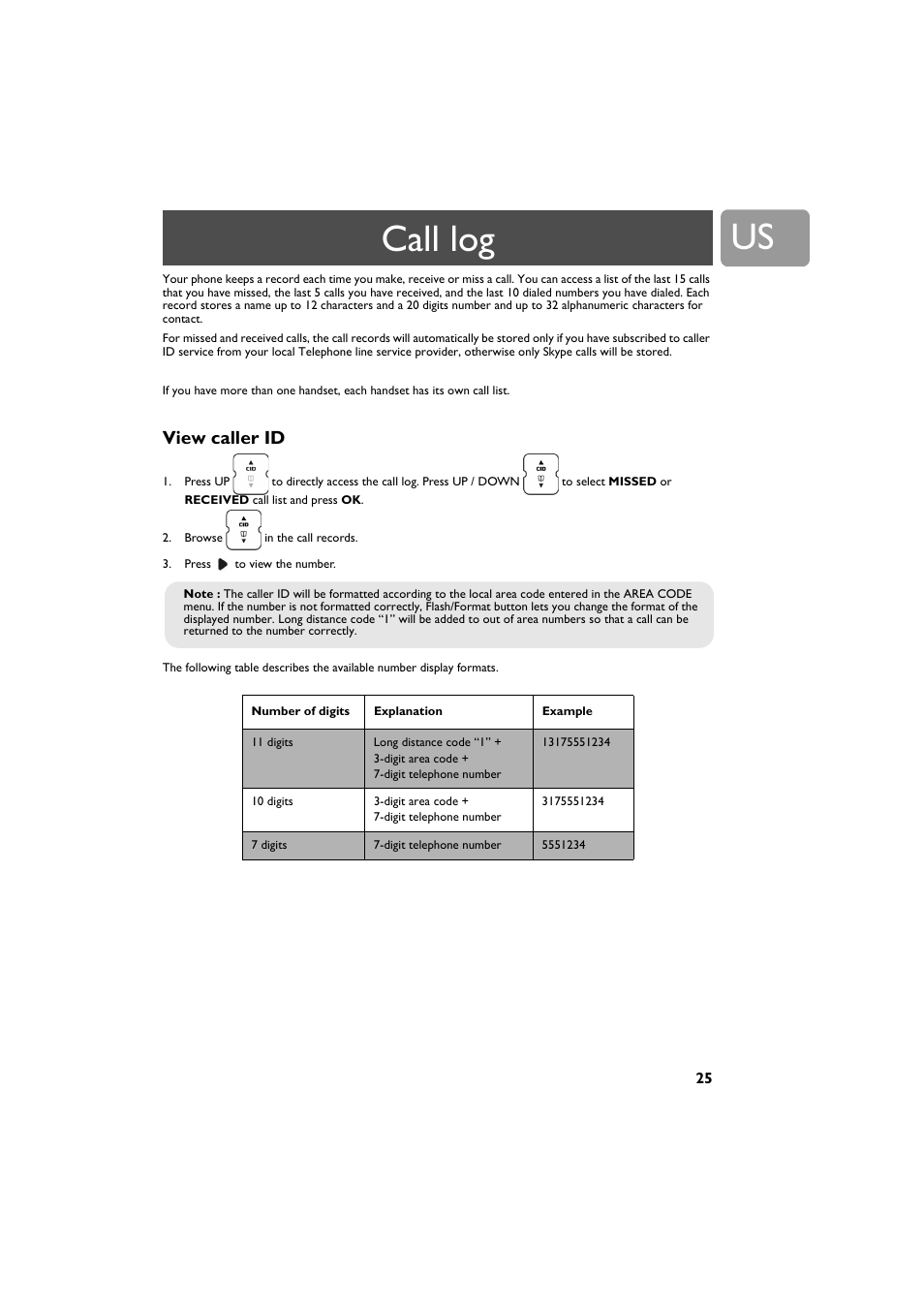 Call log, View caller id | Philips VOIP3212G-37 User Manual | Page 25 / 50