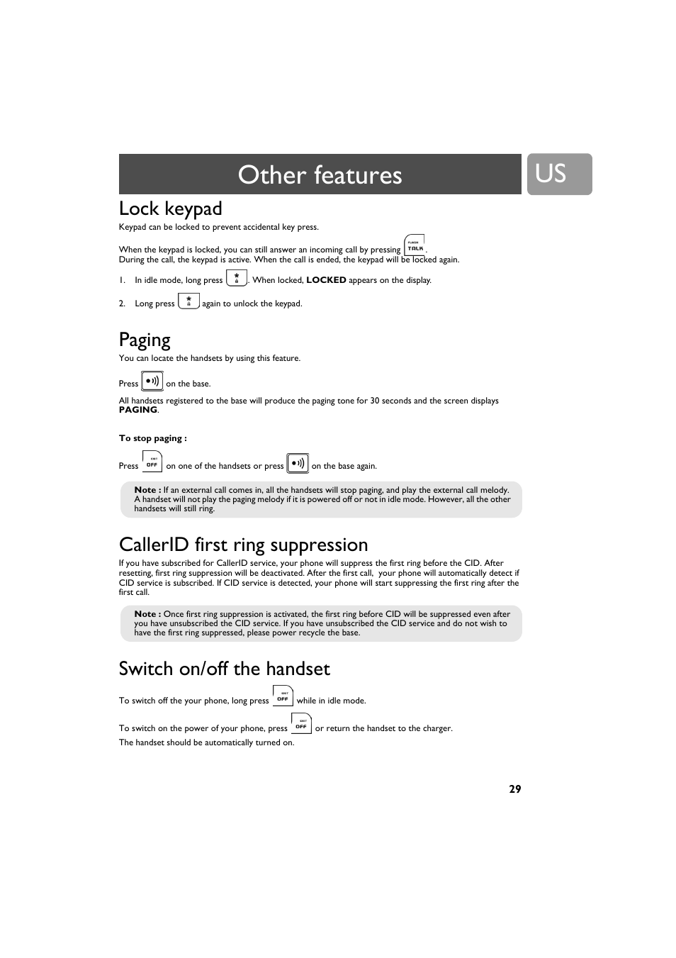 Other features, Lock keypad, Paging | Callerid first ring suppression, Switch on/off the handset | Philips VOIP3212G-37 User Manual | Page 29 / 50