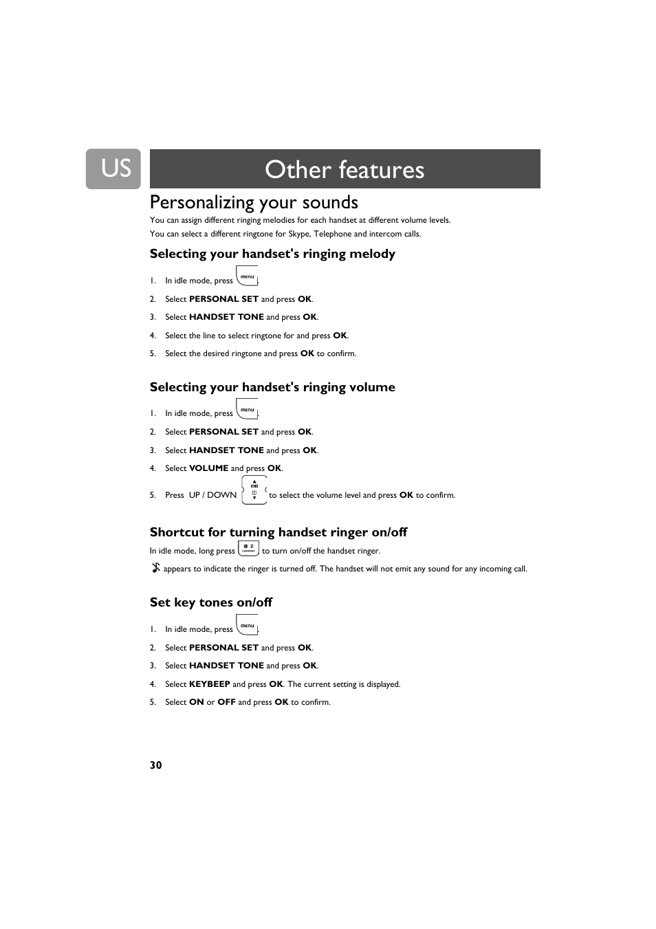 Personalizing your sounds, Selecting your handset's ringing melody, Selecting your handset's ringing volume | Shortcut for turning handset ringer on/off, Set key tones on/off, Other features | Philips VOIP3212G-37 User Manual | Page 30 / 50