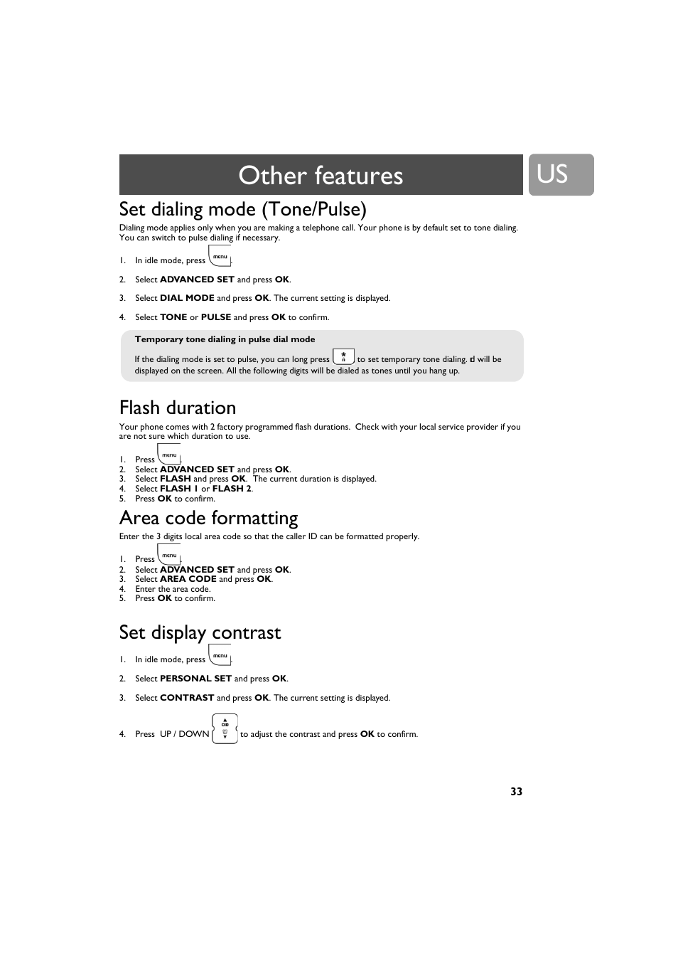 Set dialing mode (tone/pulse), Flash duration, Area code formatting | Set display contrast, Other features | Philips VOIP3212G-37 User Manual | Page 33 / 50