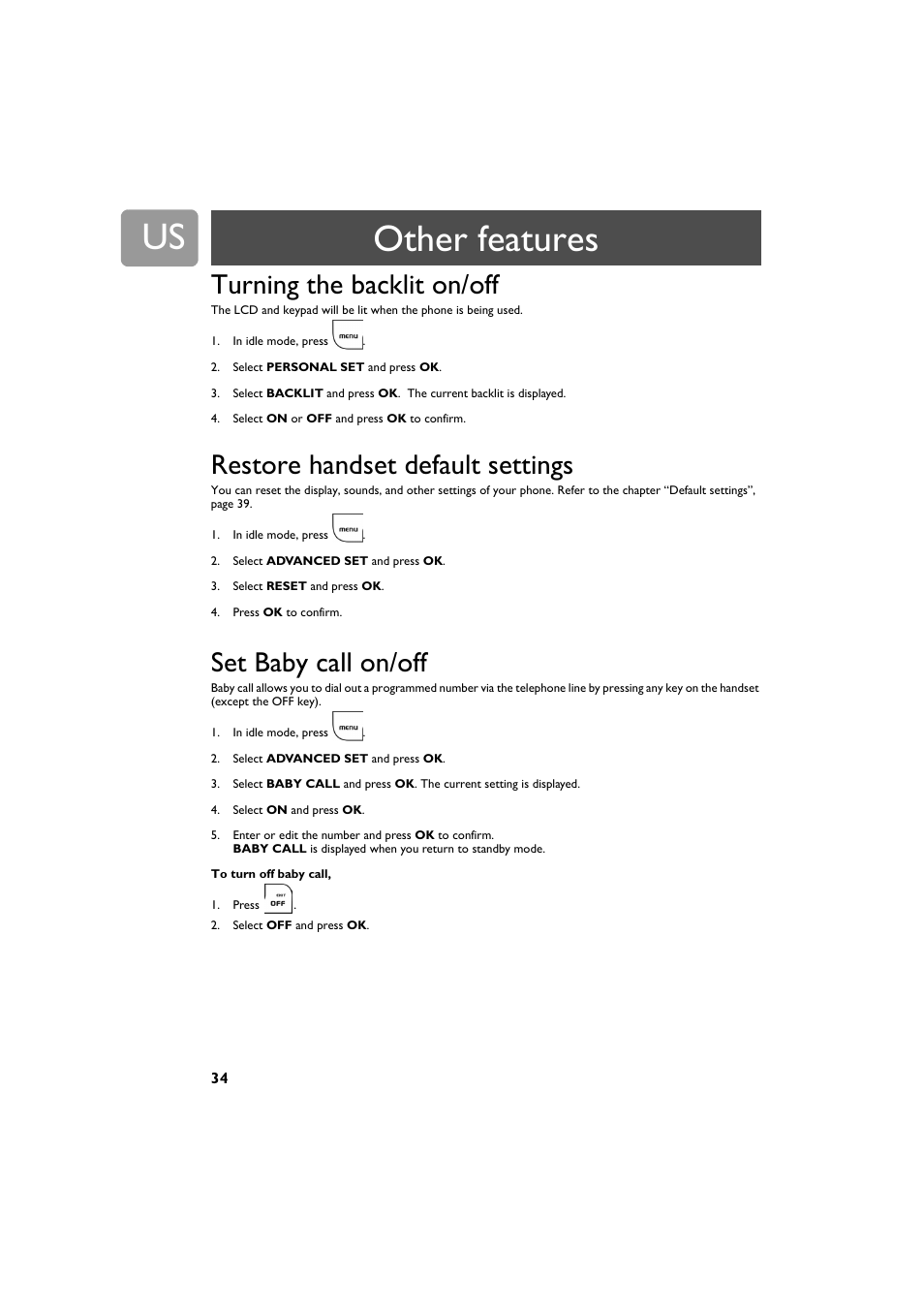 Turning the backlit on/off, Restore handset default settings, Set baby call on/off | Other features | Philips VOIP3212G-37 User Manual | Page 34 / 50