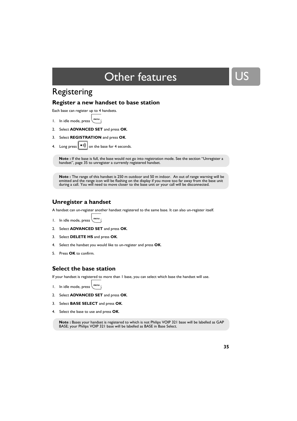 Registering, Register a new handset to base station, Unregister a handset | Select the base station, Other features | Philips VOIP3212G-37 User Manual | Page 35 / 50