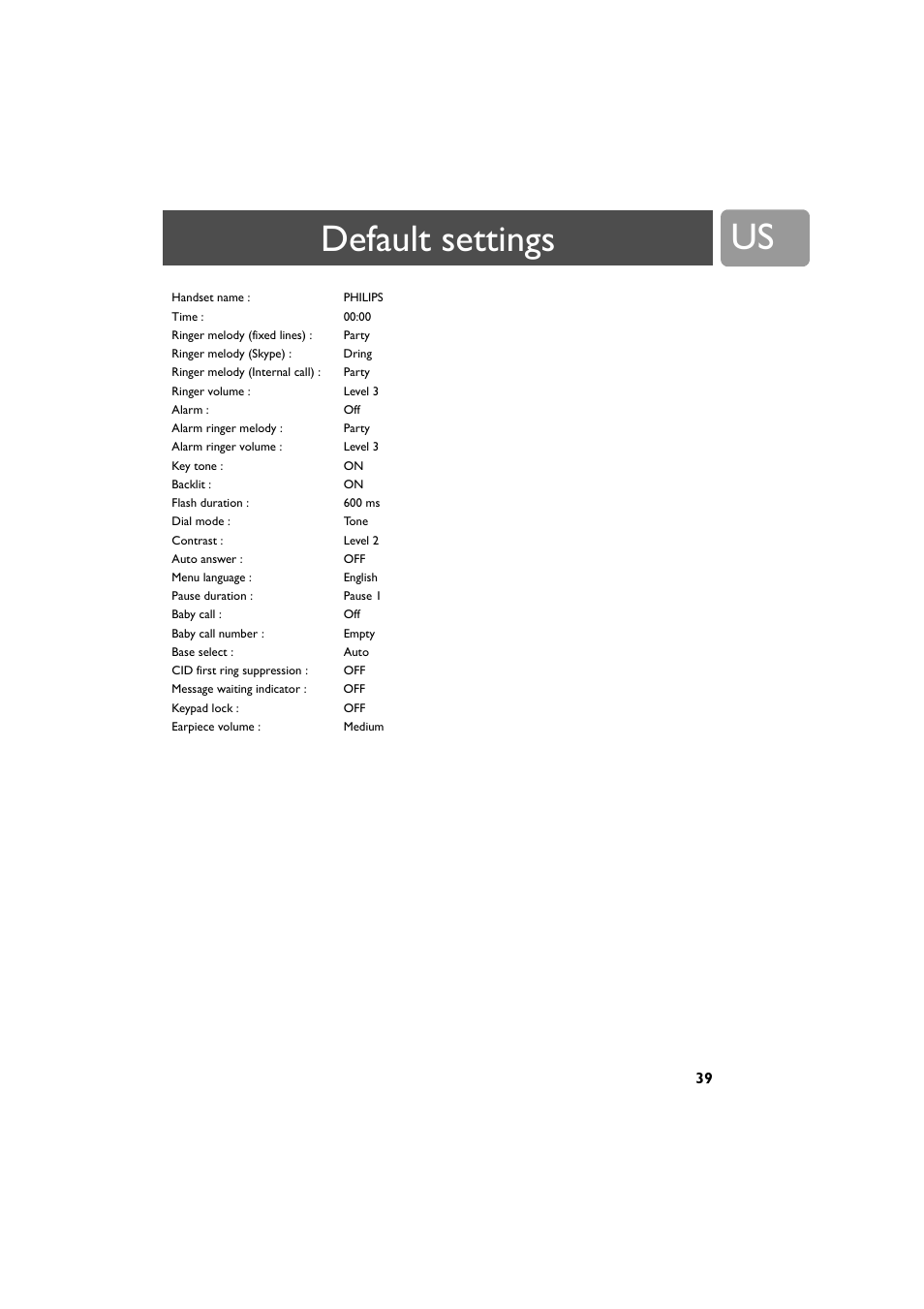 Default settings | Philips VOIP3212G-37 User Manual | Page 39 / 50