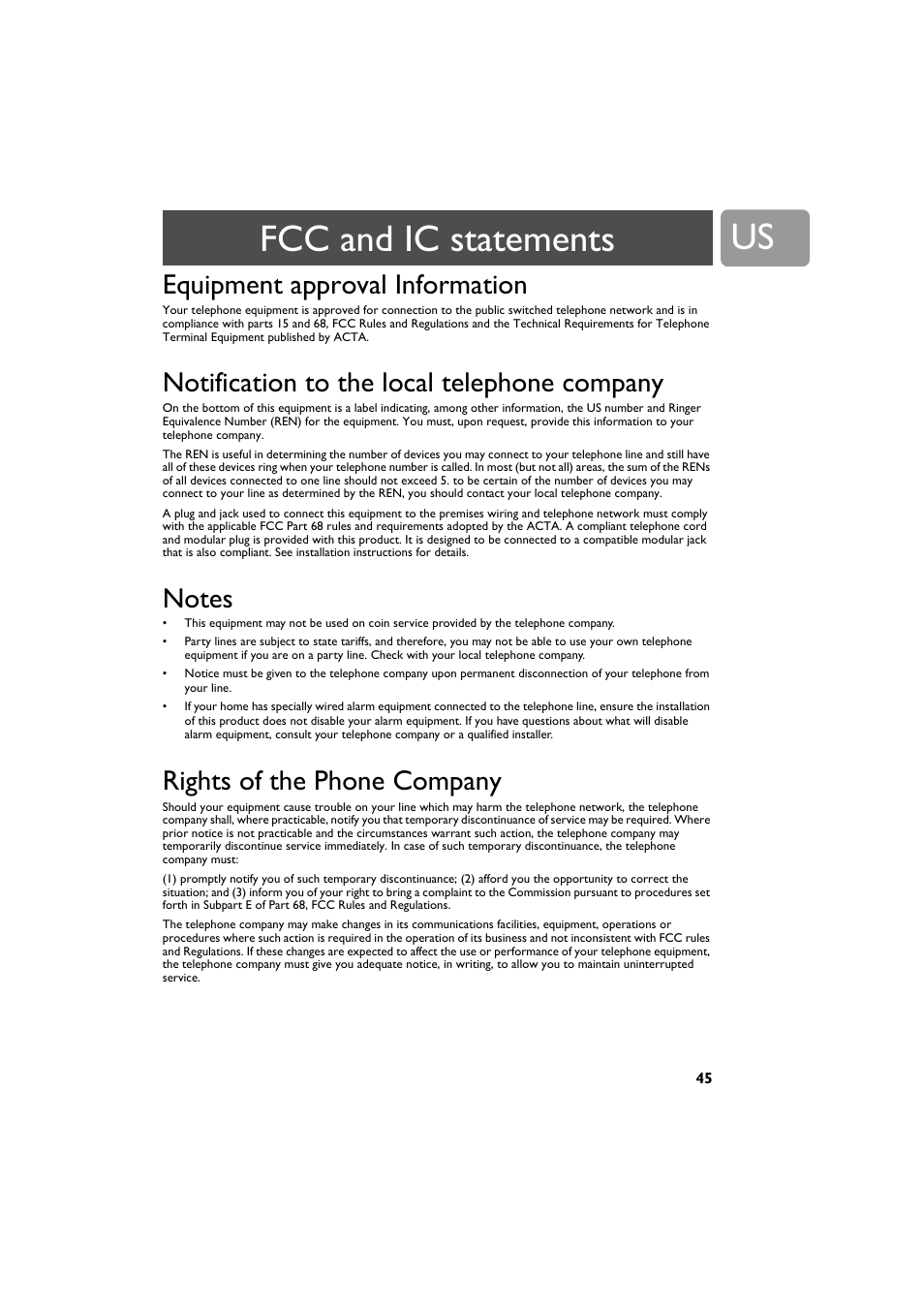 Fcc and ic statements, Equipment approval information, Notification to the local telephone company | Notes, Rights of the phone company, Equipment approval information 45, Notification to the local telephone company 45, Rights of the phone company 45 | Philips VOIP3212G-37 User Manual | Page 45 / 50