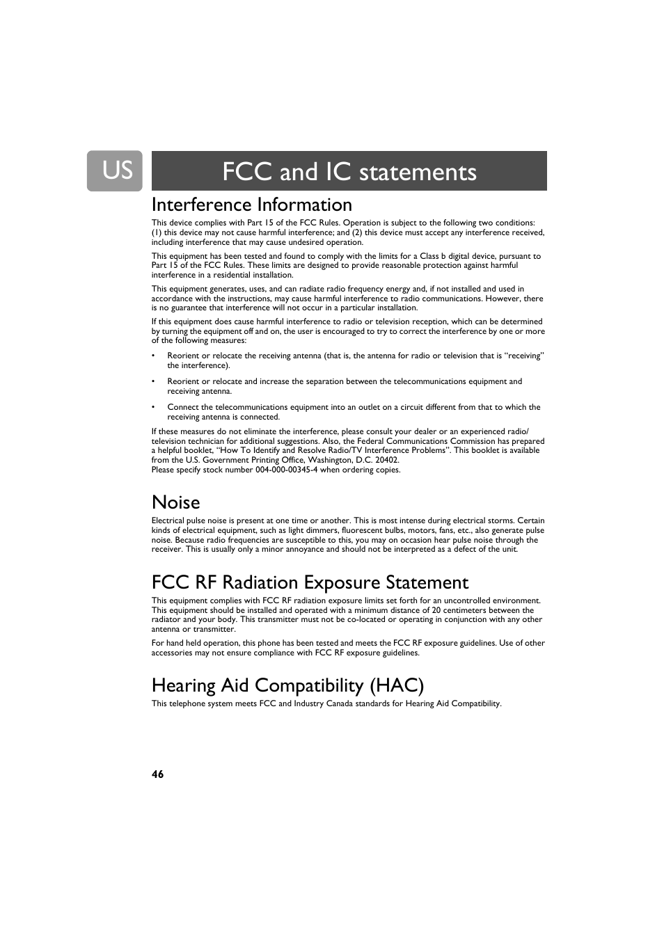 Interference information, Noise, Fcc rf radiation exposure statement | Hearing aid compatibility (hac), Fcc rf radiation exposure statement 46, Hearing aid compatibility (hac) 46, Interference information 46, Noise 46, Fcc and ic statements | Philips VOIP3212G-37 User Manual | Page 46 / 50