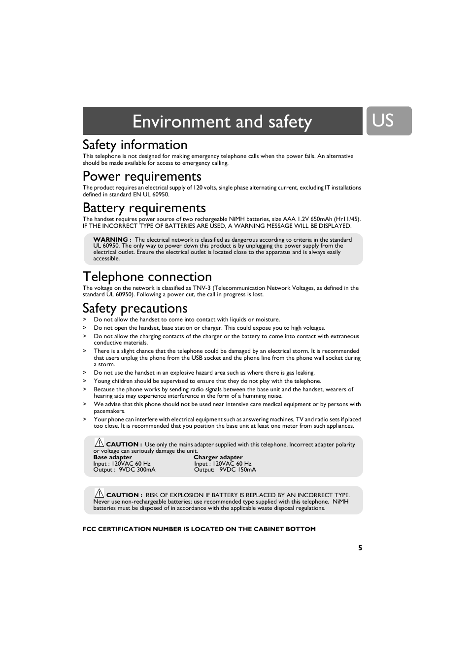 Environment and safety, Safety information, Power requirements | Battery requirements, Telephone connection, Safety precautions | Philips VOIP3212G-37 User Manual | Page 5 / 50