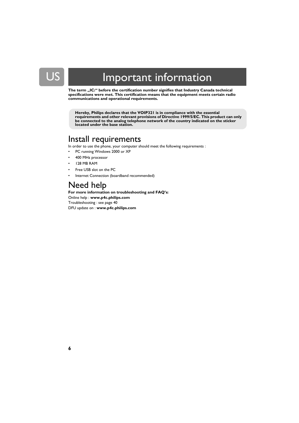 Install requirements, Need help, Important information | Philips VOIP3212G-37 User Manual | Page 6 / 50