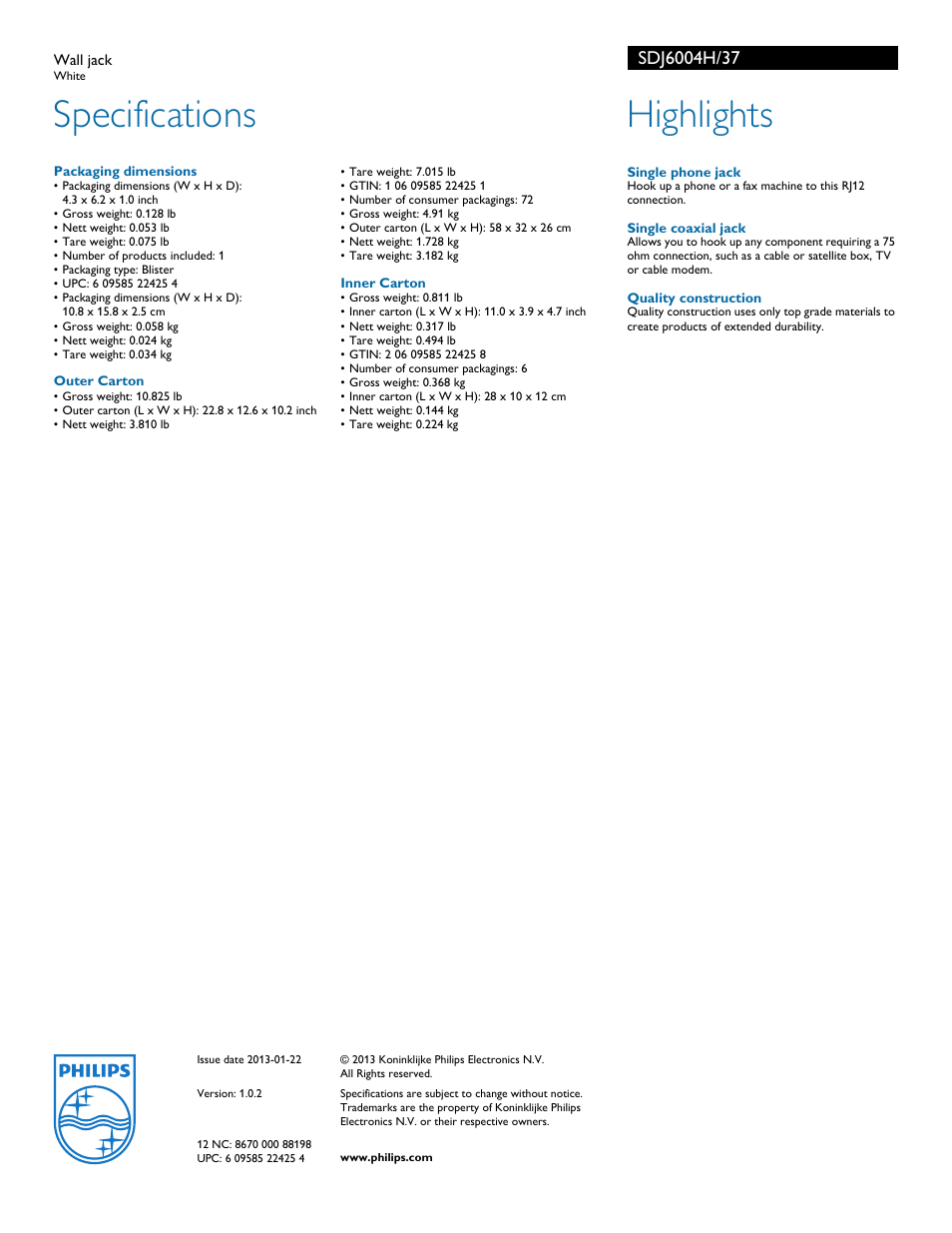 Specifications, Highlights | Philips SDJ6004H-37 User Manual | Page 2 / 2