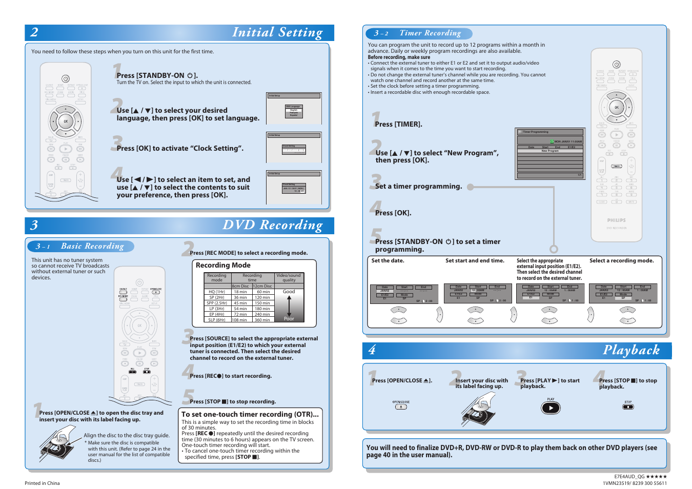 3dvd recording 4 playback, 2initial setting | Philips DVD Player-Recorder User Manual | Page 2 / 2