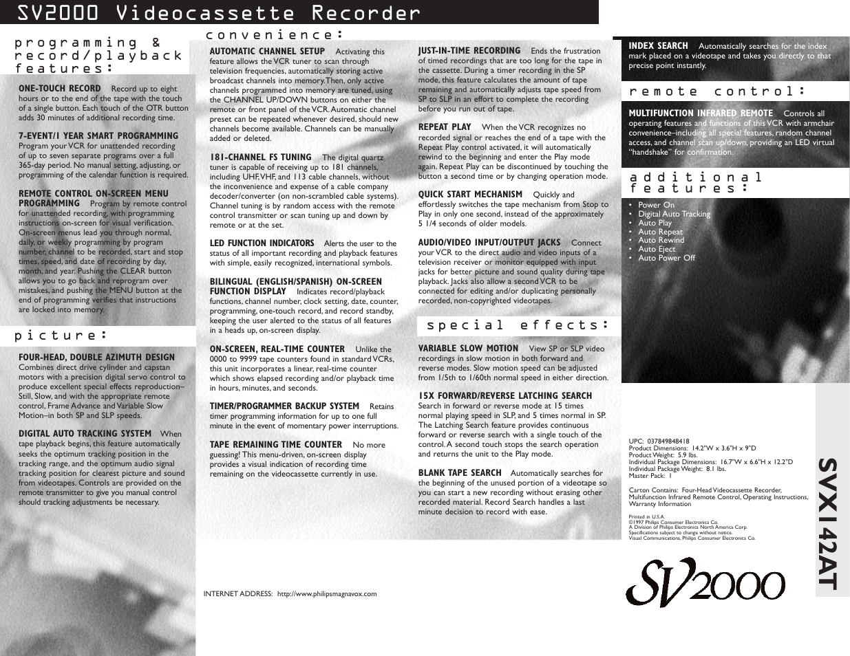 Svx142a t, Sv2000 videocassette recorder | Philips SVX142AT99 User Manual | Page 2 / 2