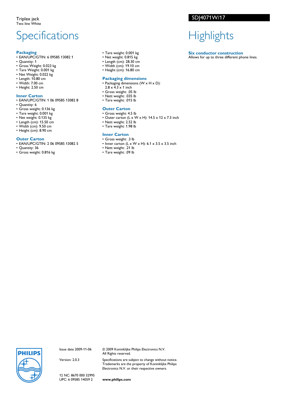 Specifications, Highlights | Philips SDJ4071W-17 User Manual | Page 2 / 2