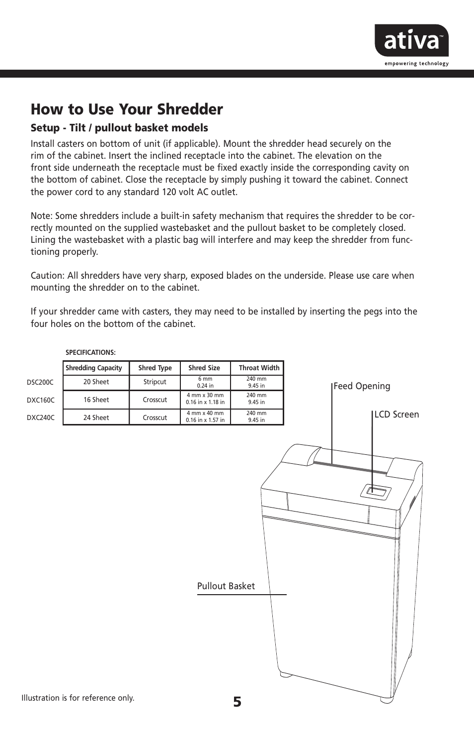 How to use your shredder, Setup - tilt / pullout basket models | Ativa DXC240C User Manual | Page 5 / 9