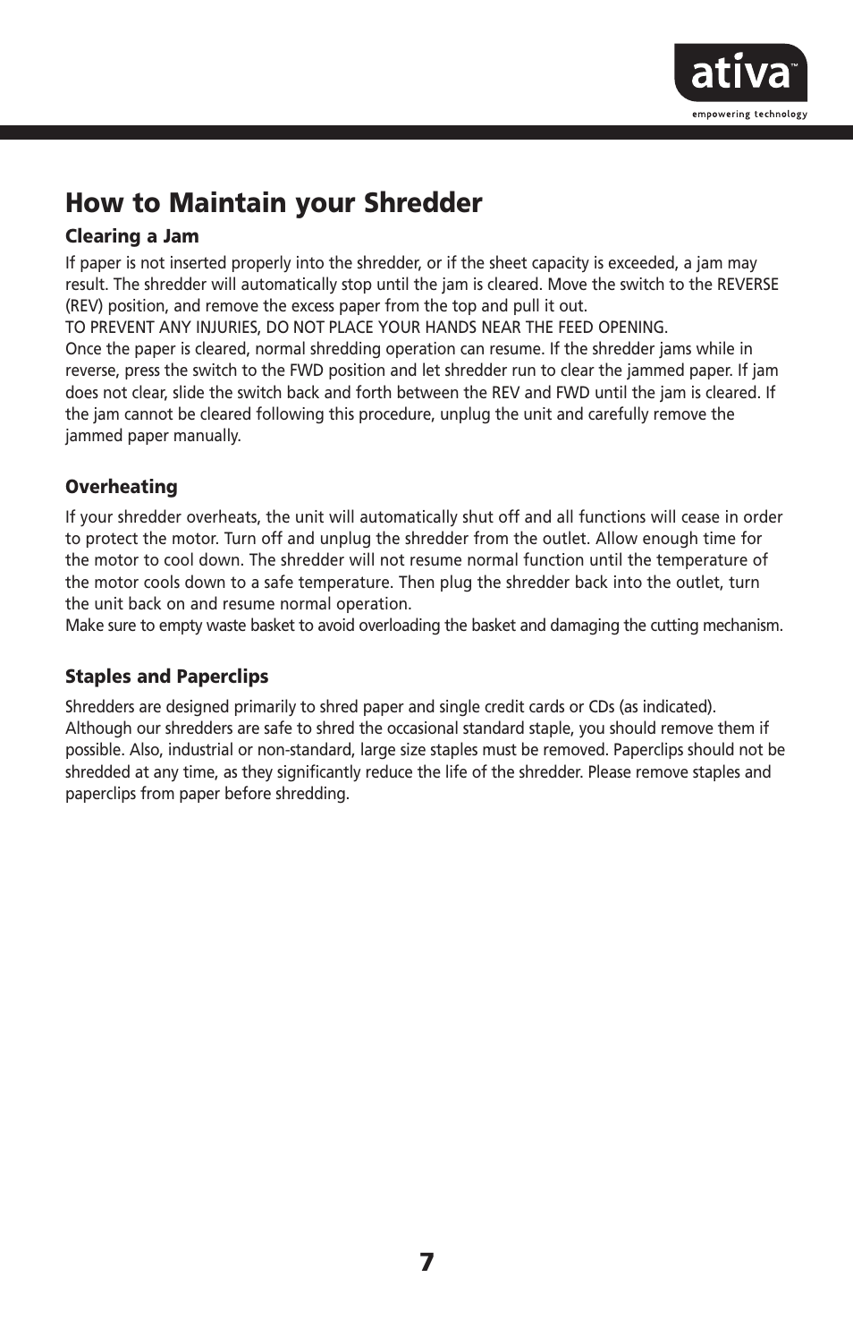 How to maintain your shredder | Ativa DXC240C User Manual | Page 7 / 9