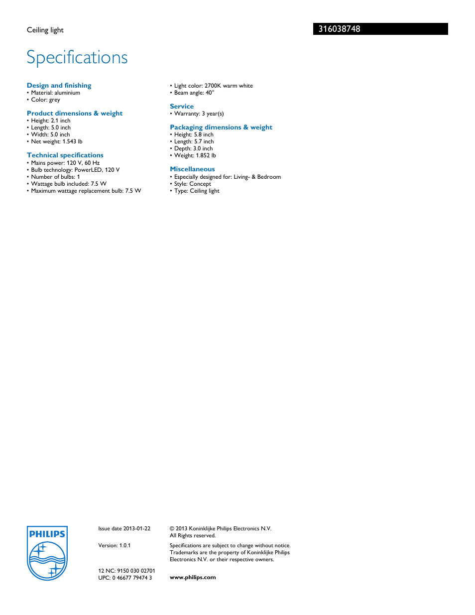 Specifications | Philips 316038748 User Manual | Page 2 / 2