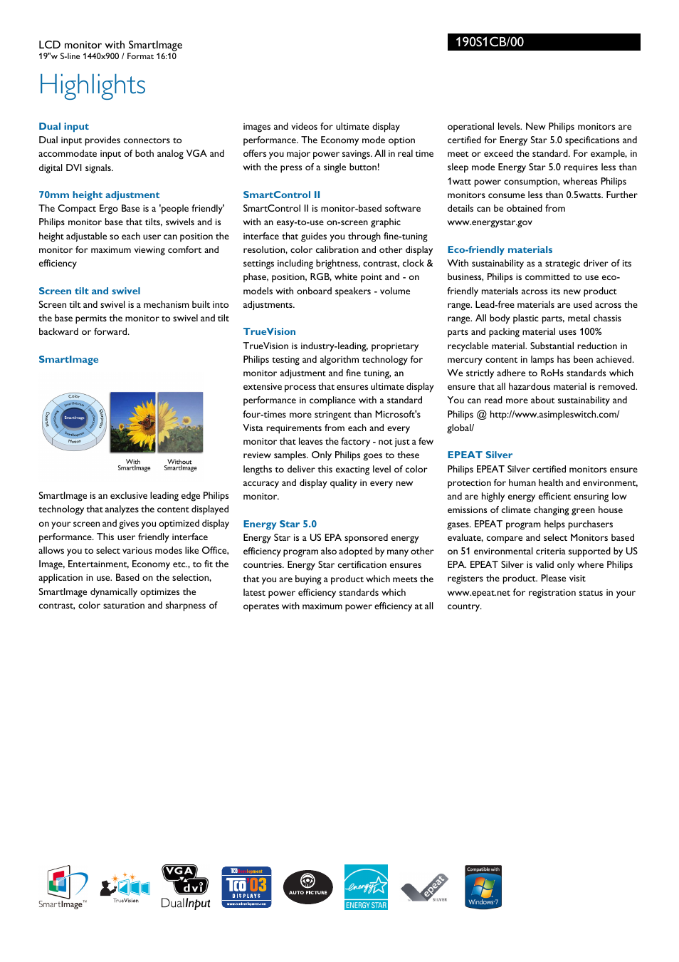 Highlights | Philips 190S1CB-00 User Manual | Page 2 / 3